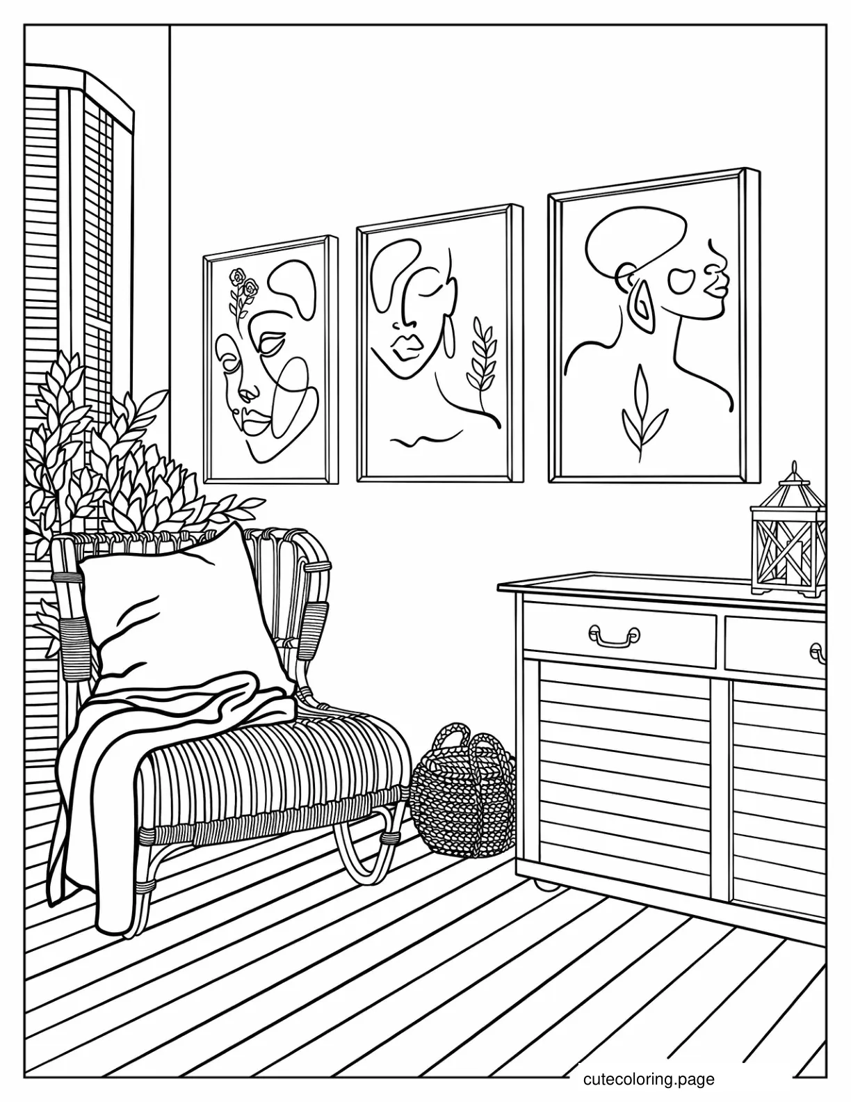 Cozy Living Room With Boho Artworks Coloring Page coloring page