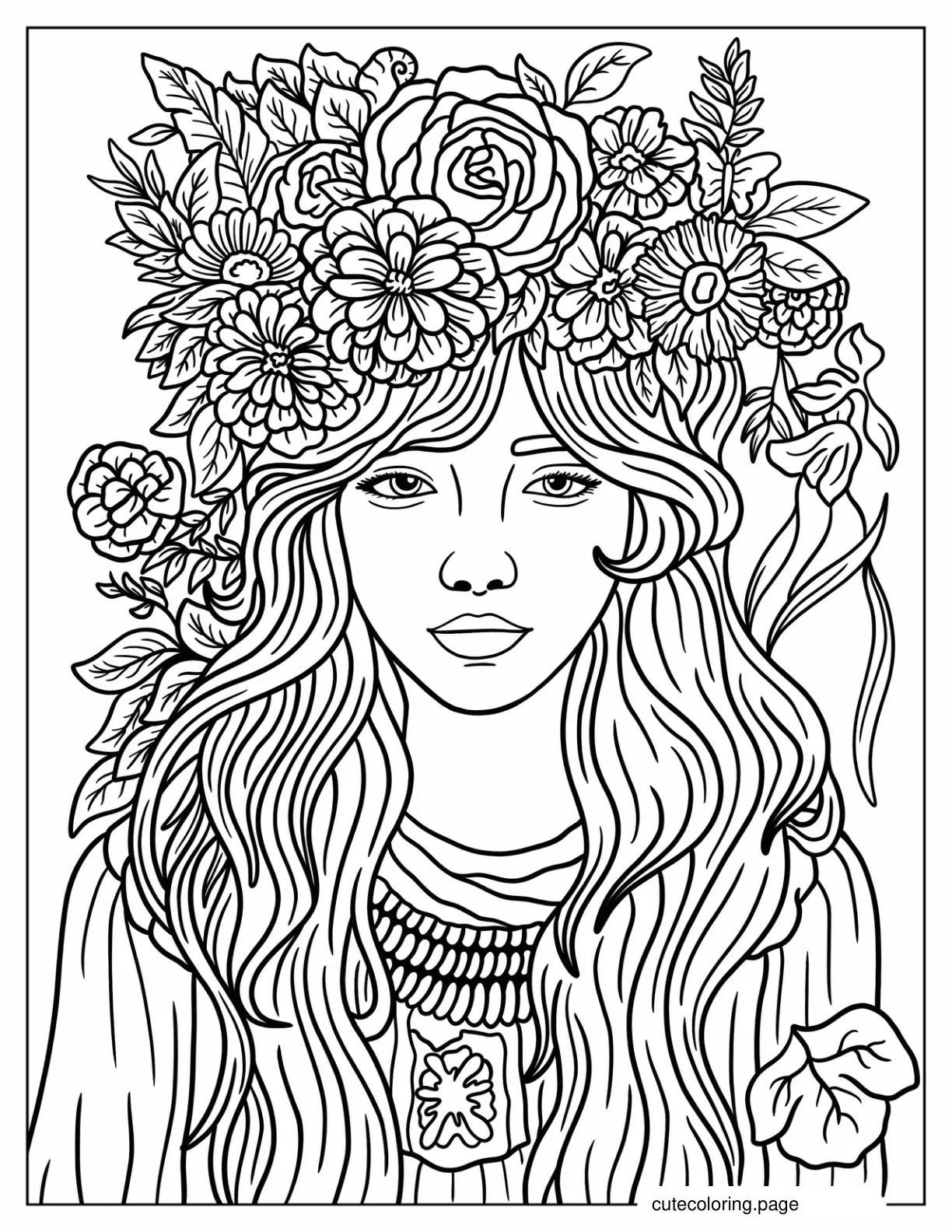 Detailed Boho Girl With Flower Crown coloring page