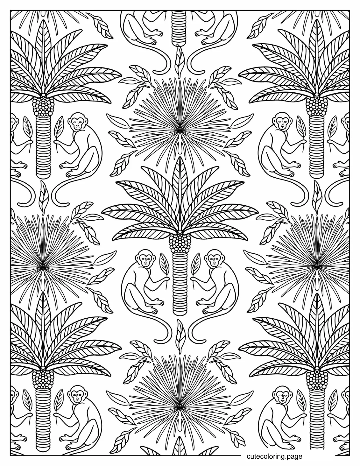 Full Page Boho Monkeys Beside Trees Coloring Page coloring page