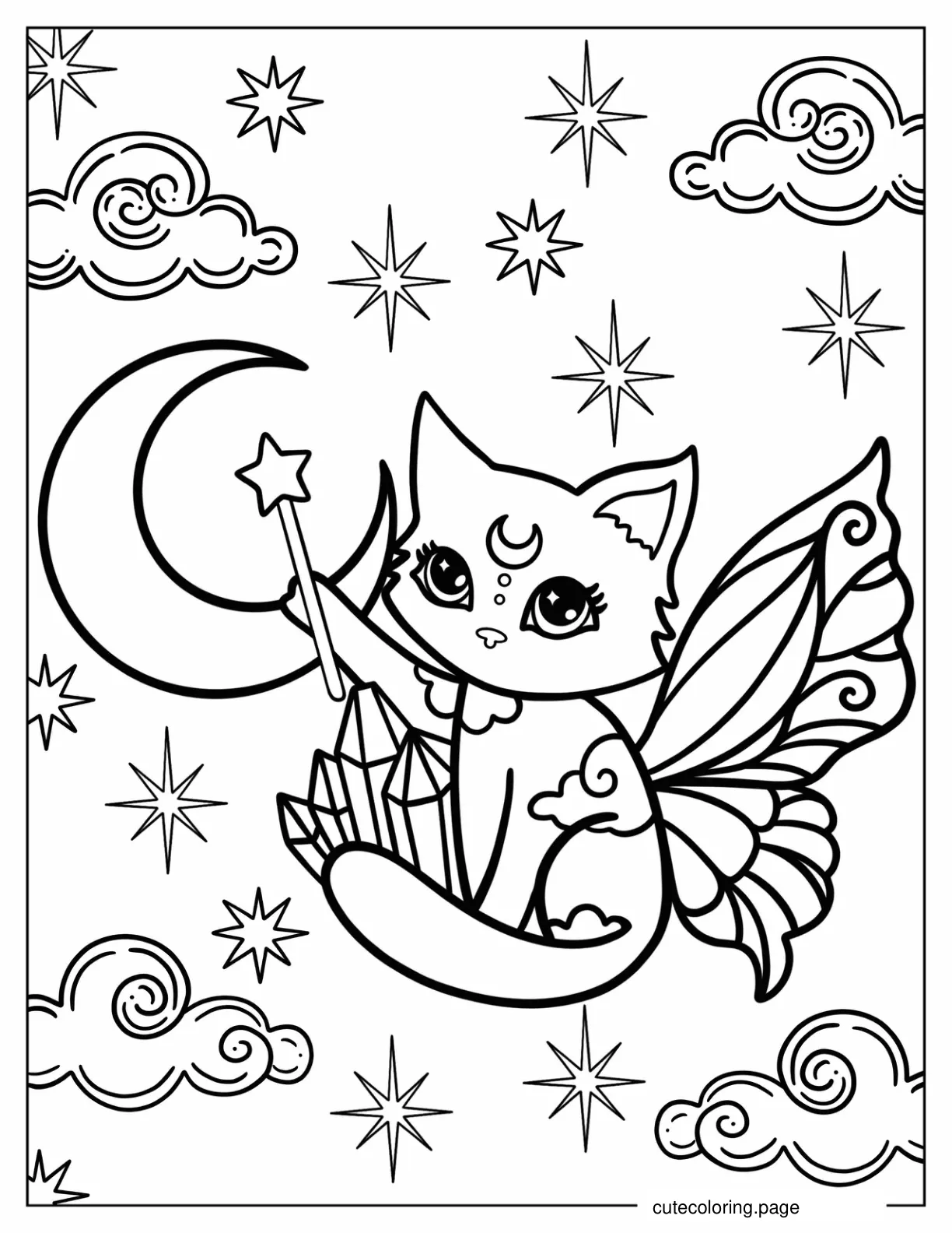 Kawaii Magical Cat With Wings And Wand Coloring Page For Kids coloring page