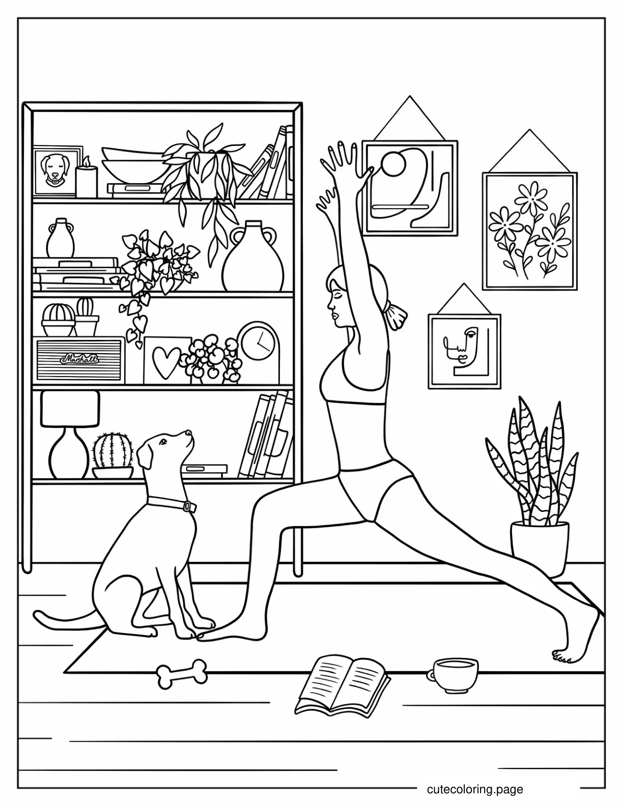 Woman In Warrior Yoga Pose With Dog In Boho Living Room coloring page