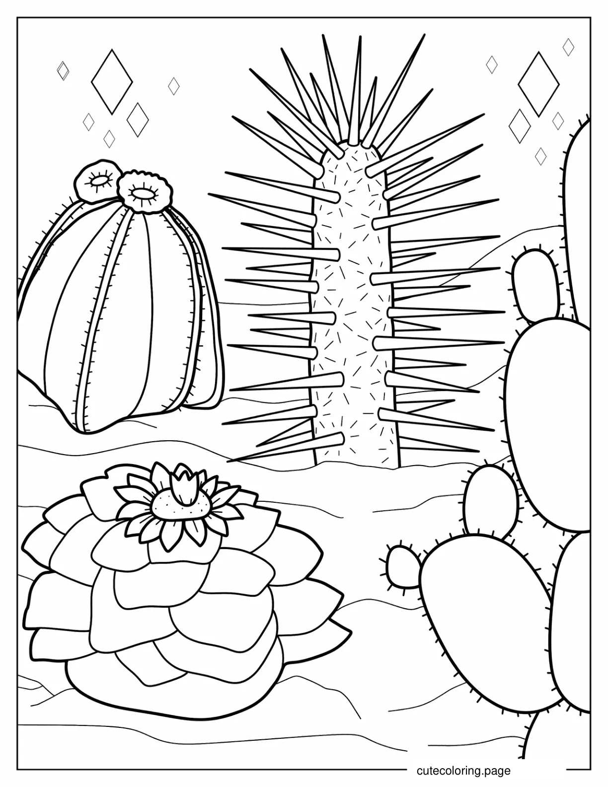 Assorted Cactus And Succulents In The Desert coloring page