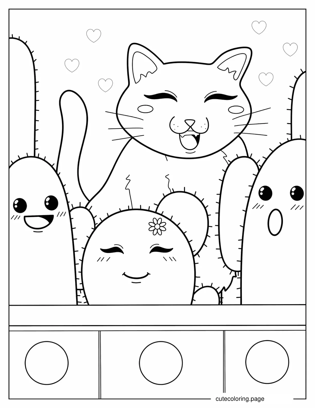 Kawaii Cactus Plants With Cat coloring page