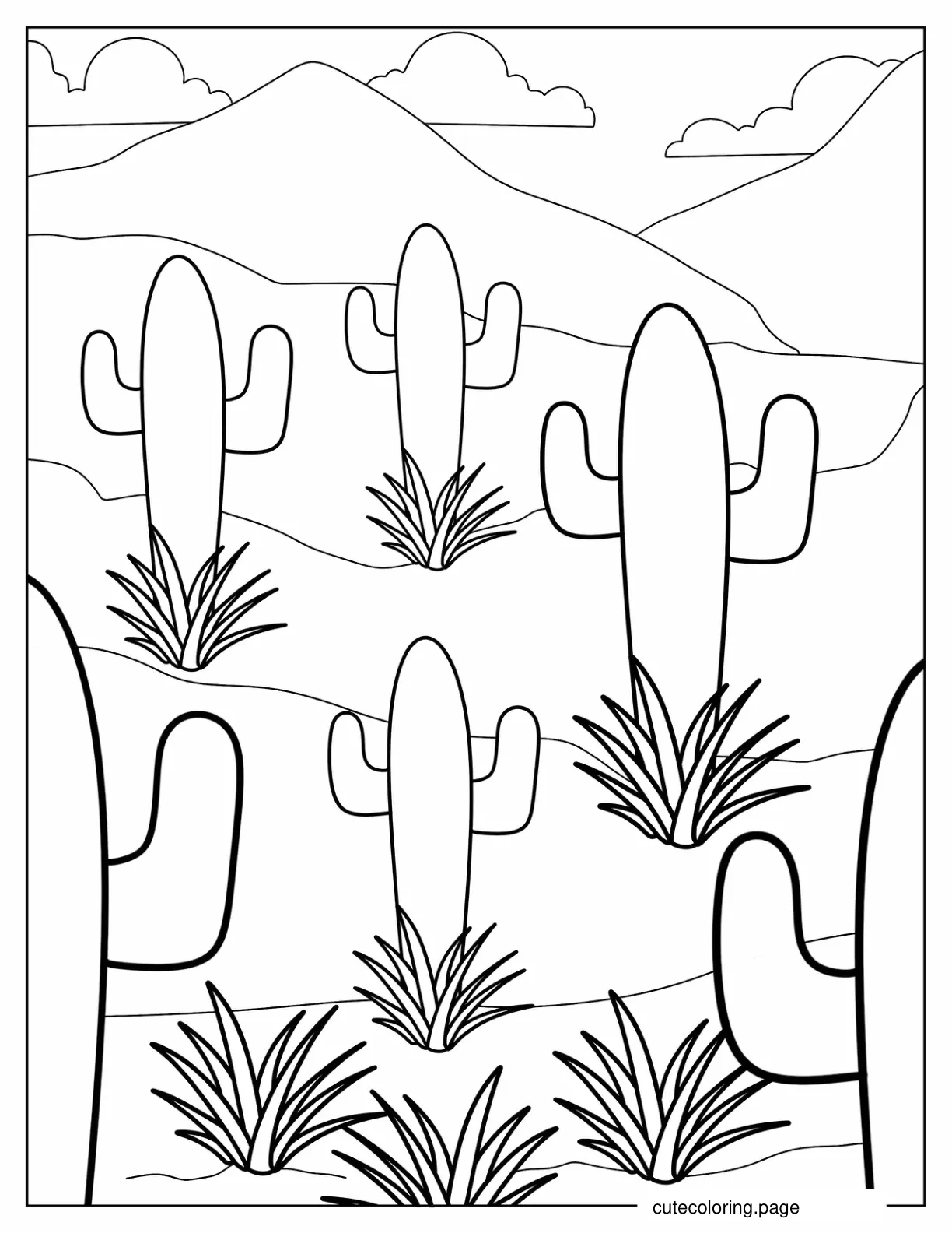 Simple Outline Of Cactus Plants In The Desert For Kids coloring page