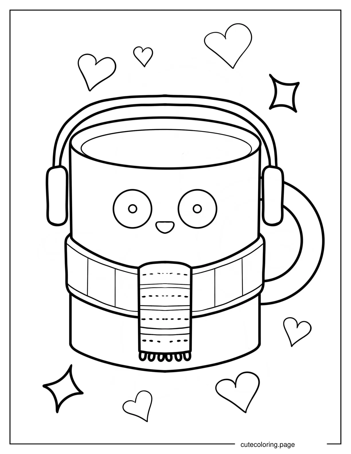 Cartoon Coffee Cup Wearing Scarf And Ear Muffs Coloring Page coloring page