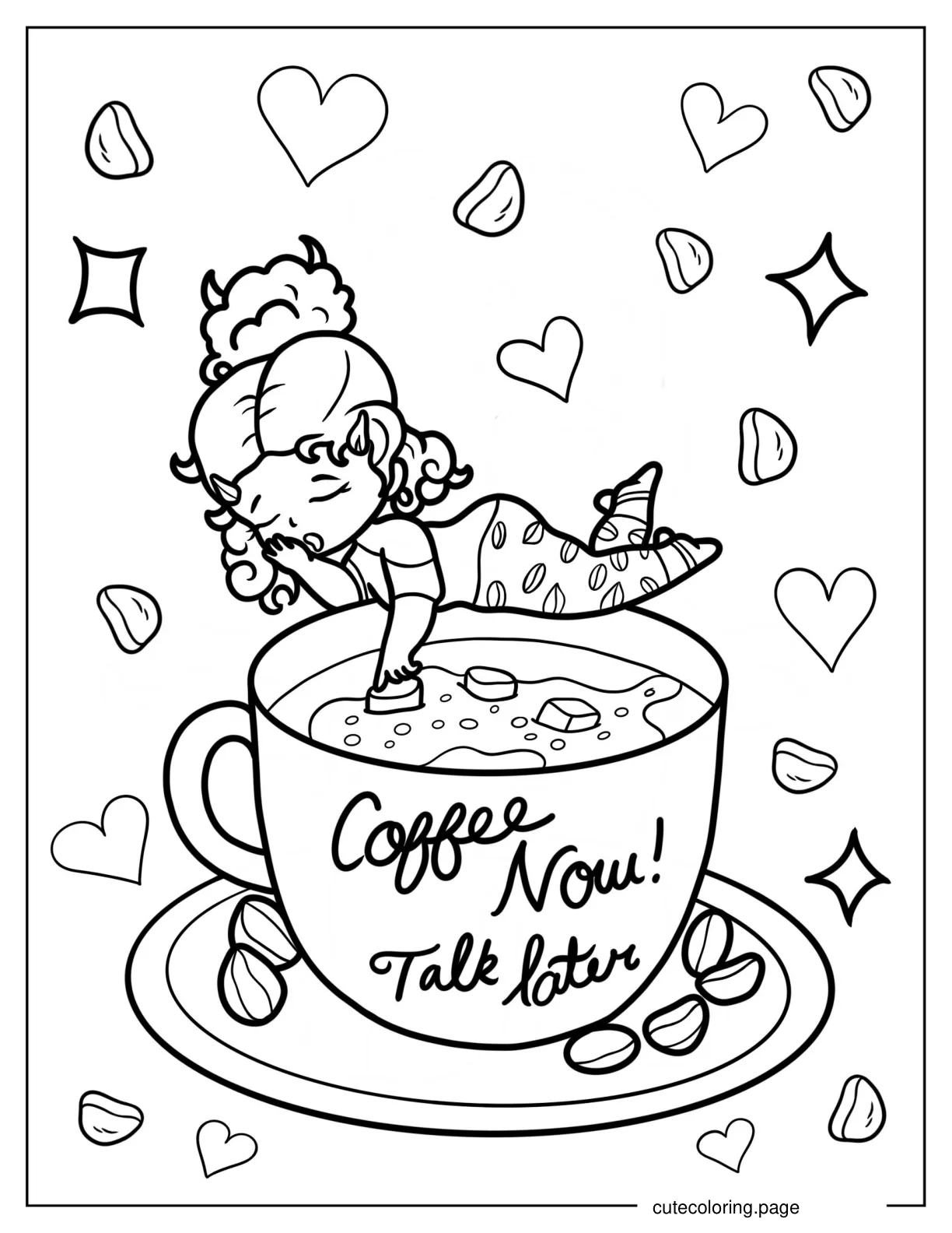 Cartoon Woman On The Rim Of Coffee Cup Coloring Page coloring page