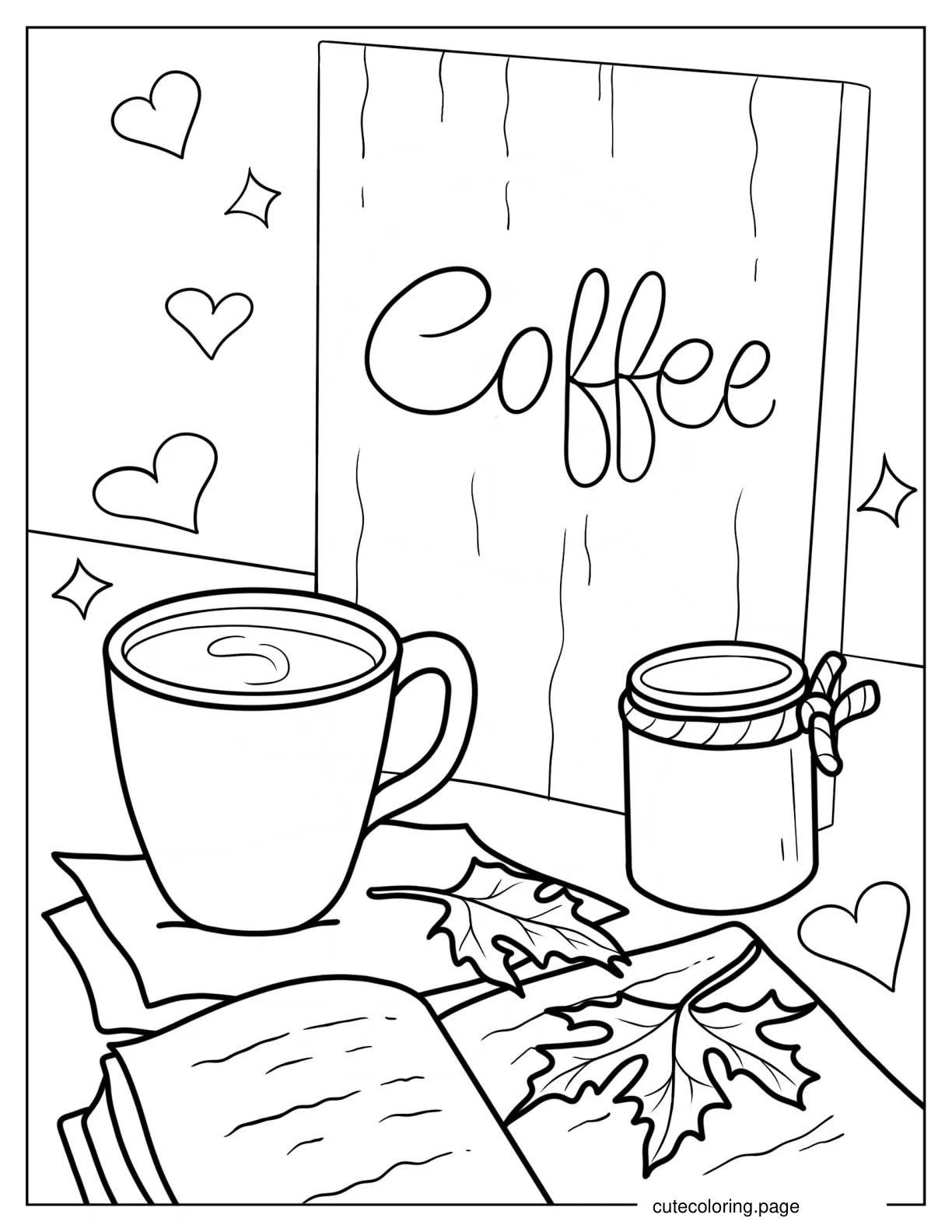 Coffee Cup Next To Honey Jar Signage And Open Book Coloring Sheet coloring page