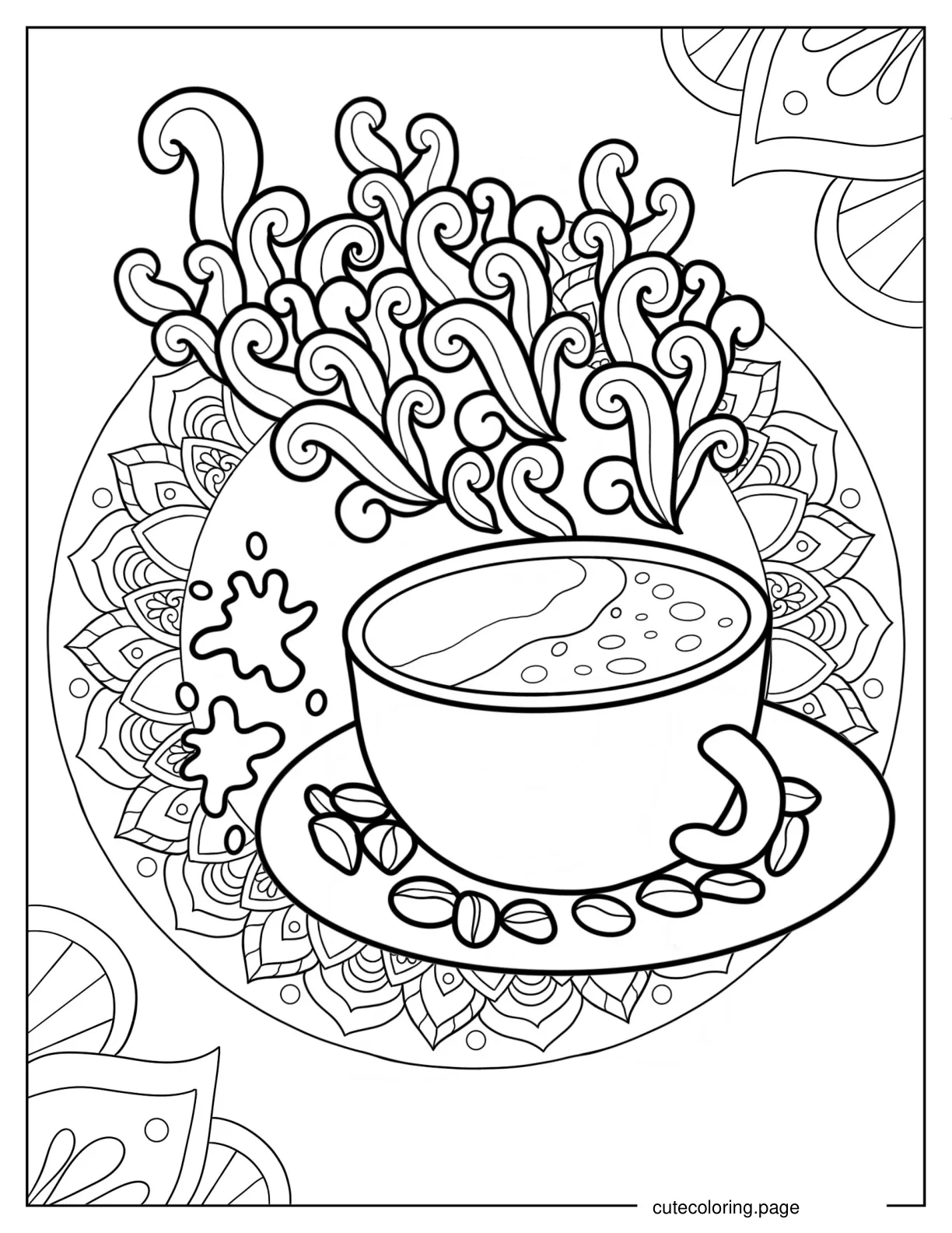 Coffee Mandala With Beans And Spills Coloring Sheet coloring page