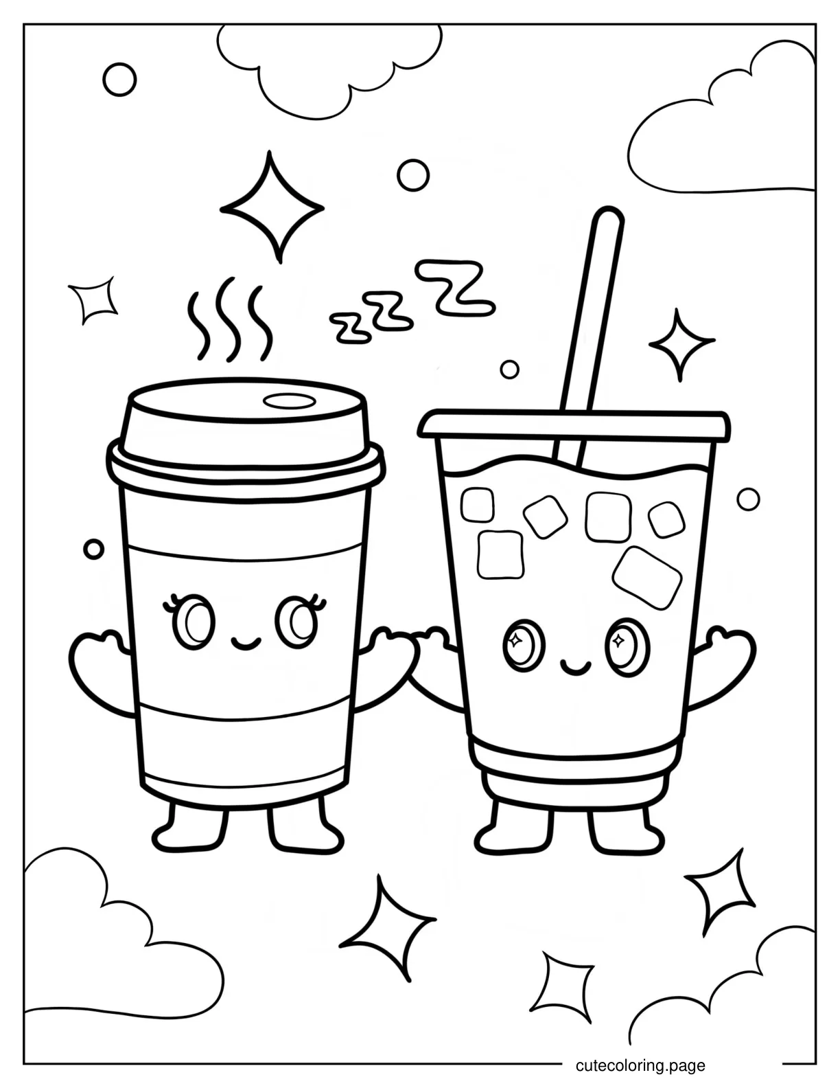 Cute Coffee Cup Next To Cup Of Iced Beverage coloring page