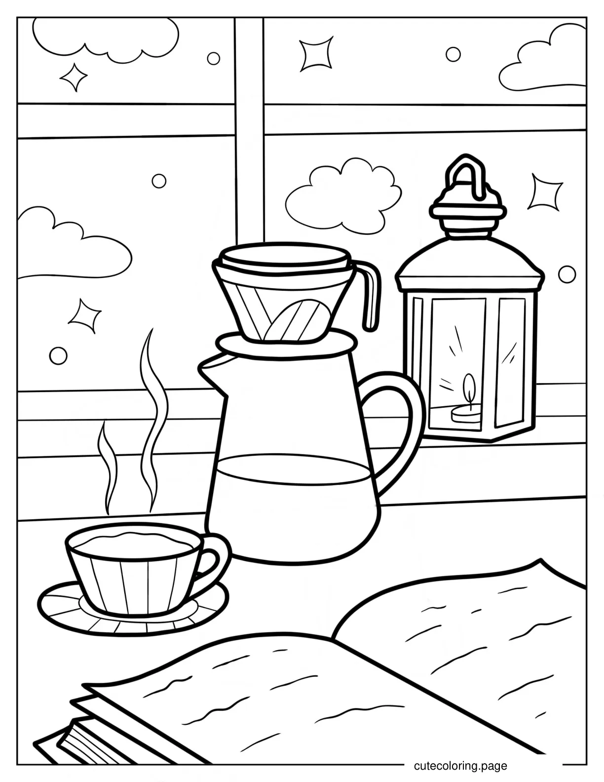 Freshly Brewed Coffee In Front Of Open Book coloring page