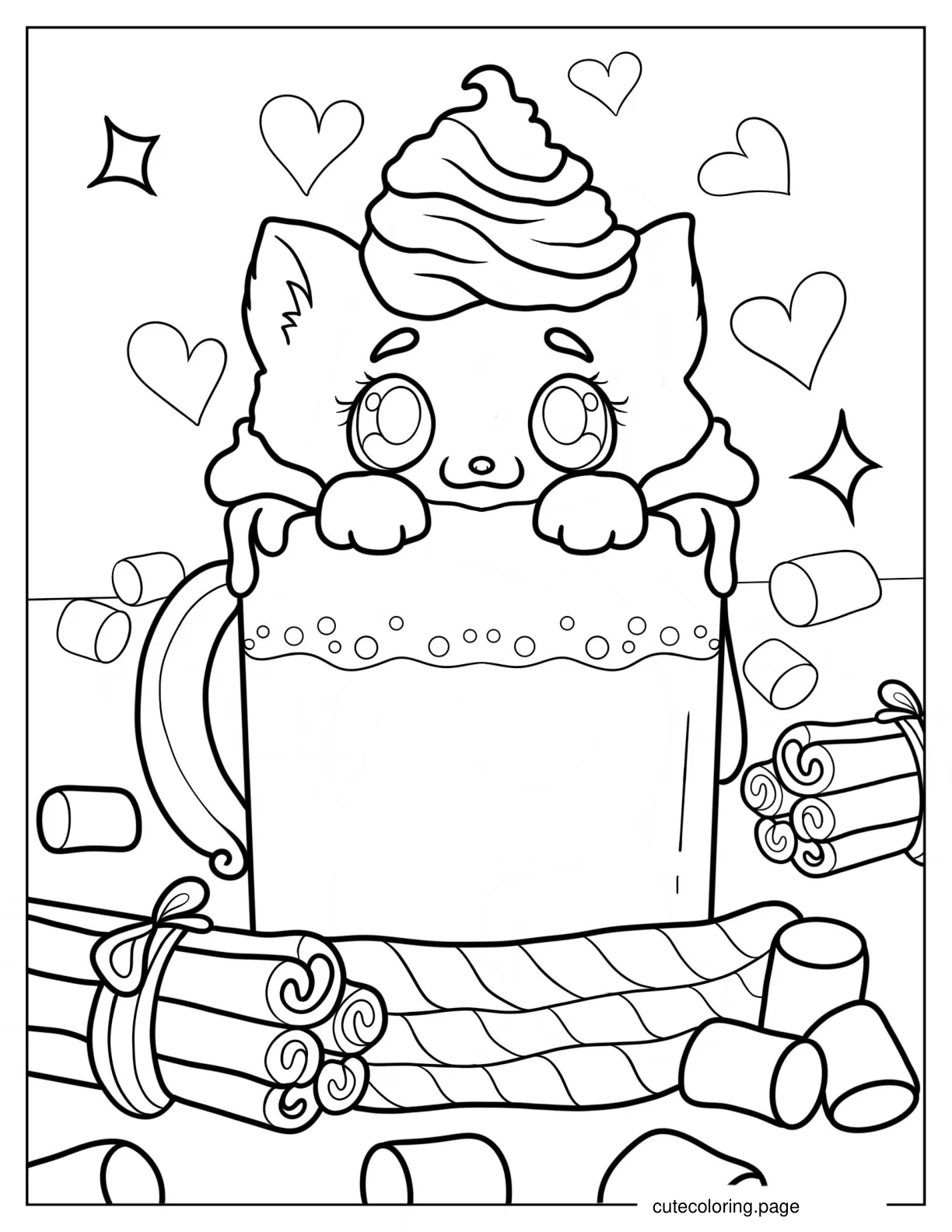 Kawaii Cat In Coffee Cup With Whipped Cream And Cinnamon Rolls Coloring Page coloring page