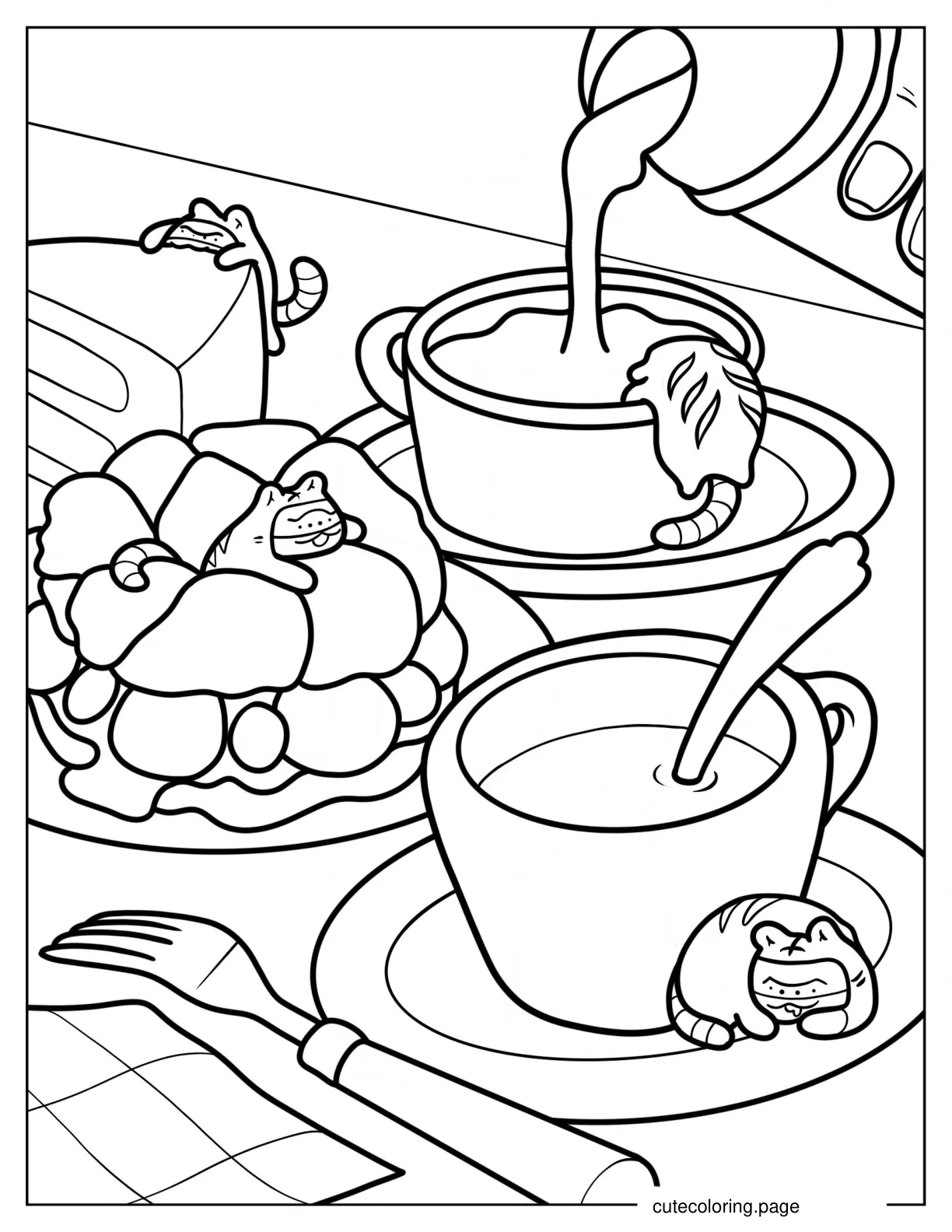 Milk Being Poured Into Coffee Cup With Dessert On Table Coloring Page coloring page