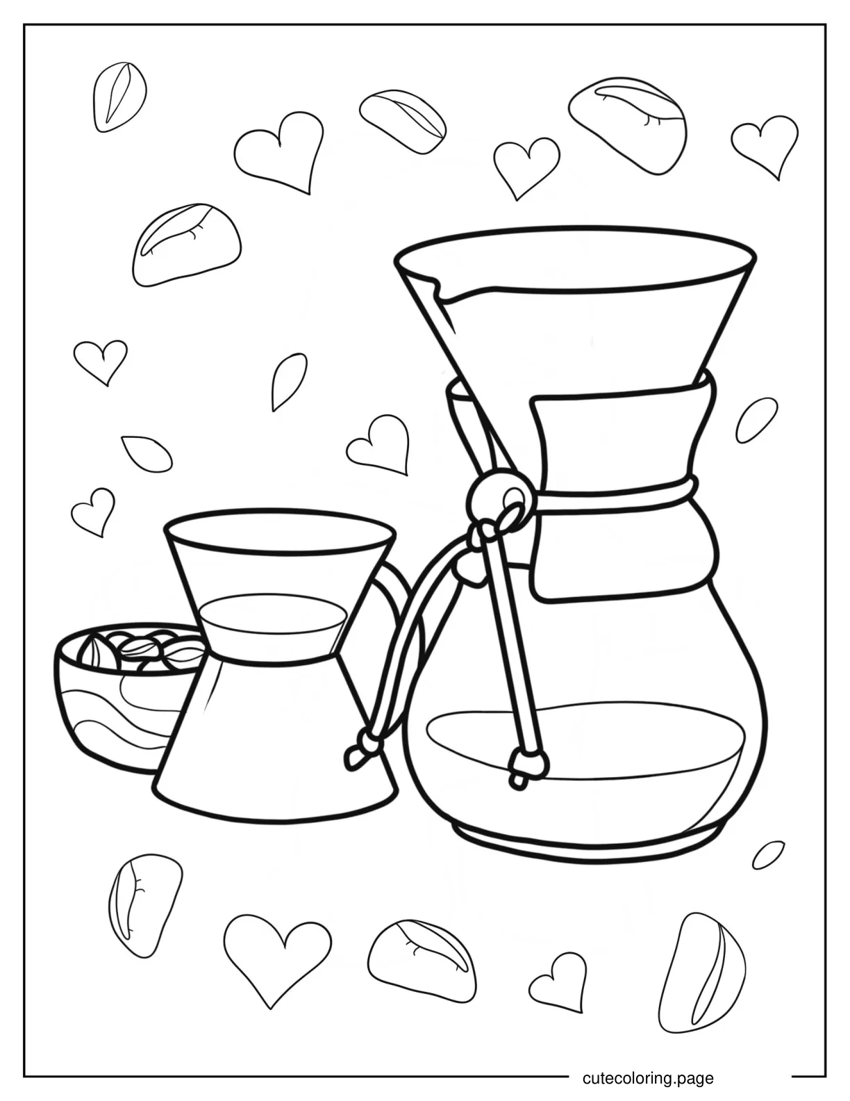 Outline Of Coffee Maker With Filter And Bowl Of Beans Coloring Page coloring page