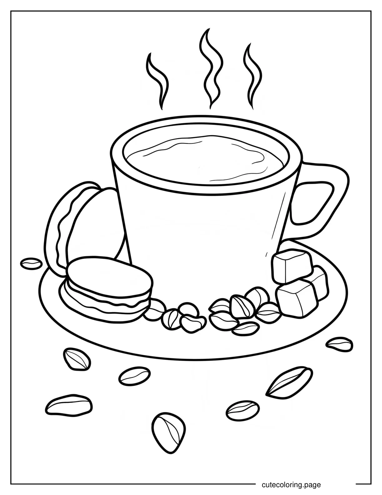 Realistic Cup Of Coffee With Maracon Sugar Cubes And Beans Coloring Sheet coloring page