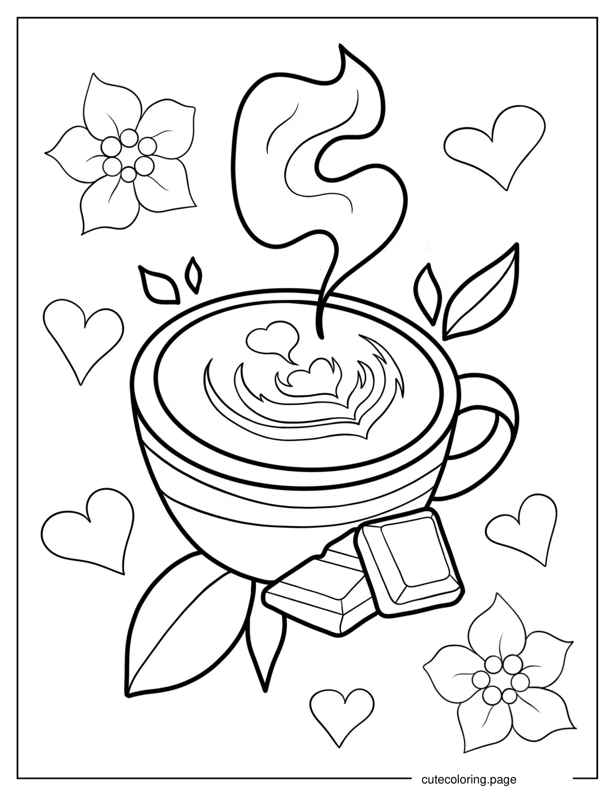 Steaming Coffee Art With Pieces Of Chocolate Coloring Page coloring page