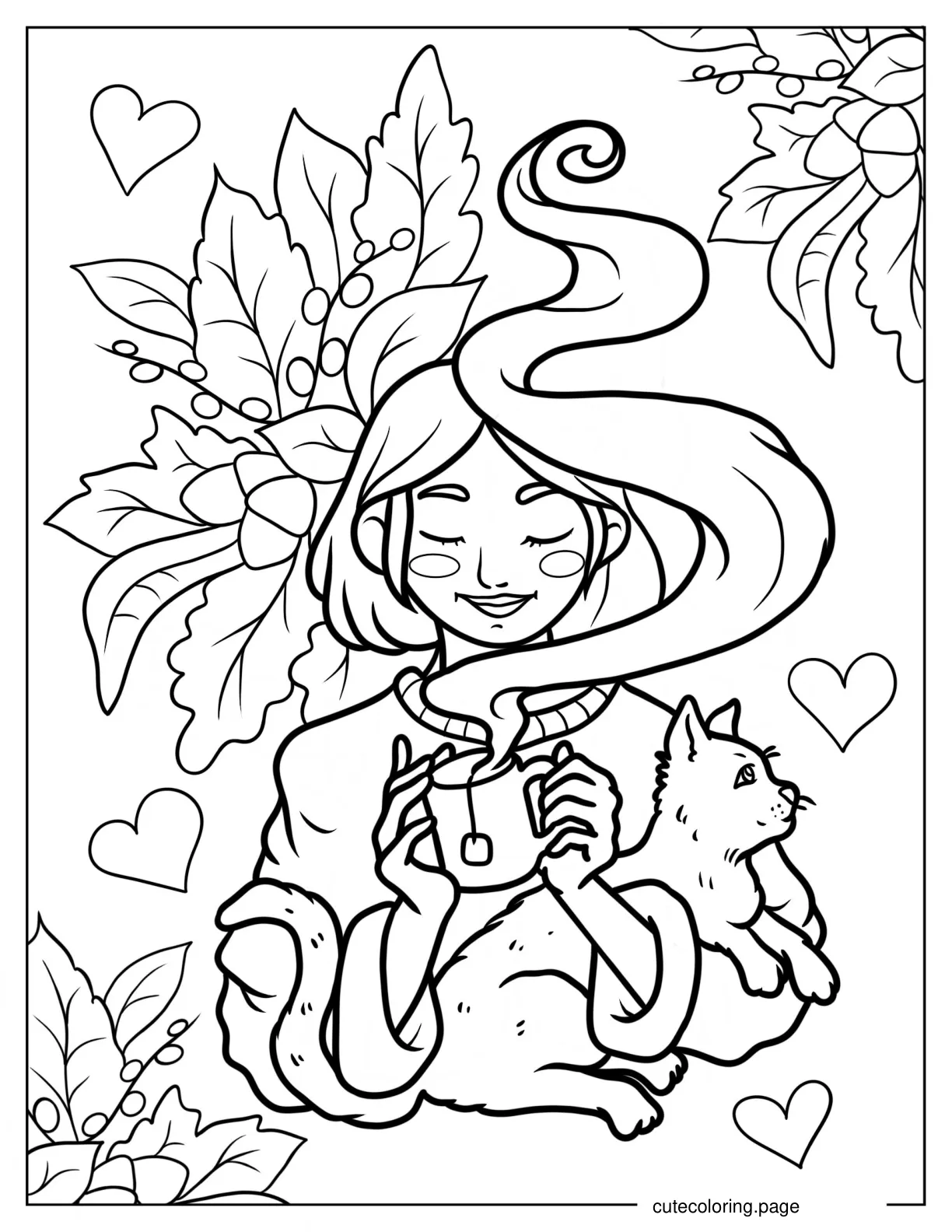 Woman Holding Cup Of Coffee And Cat Coloring Page coloring page