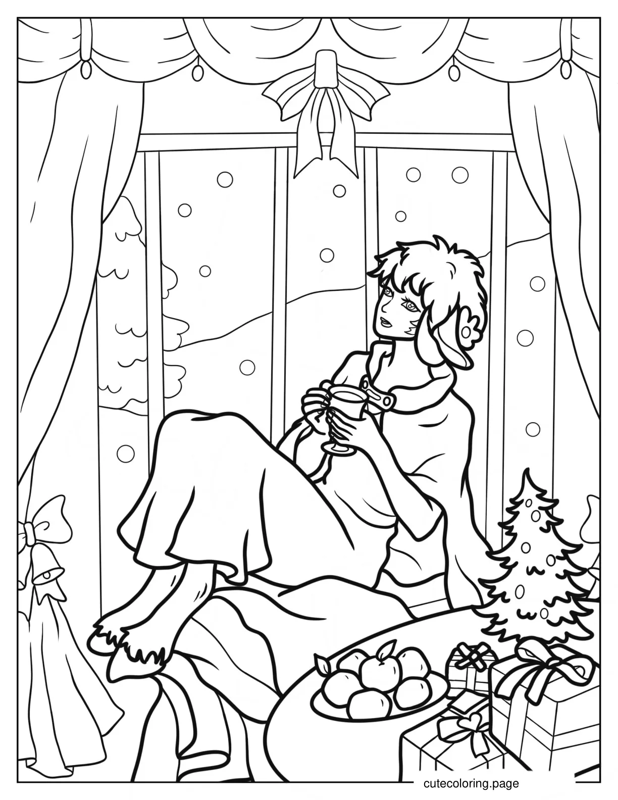 Woman In Dress And Cape Drinking Coffee On Christmas Day By Window Bay coloring page