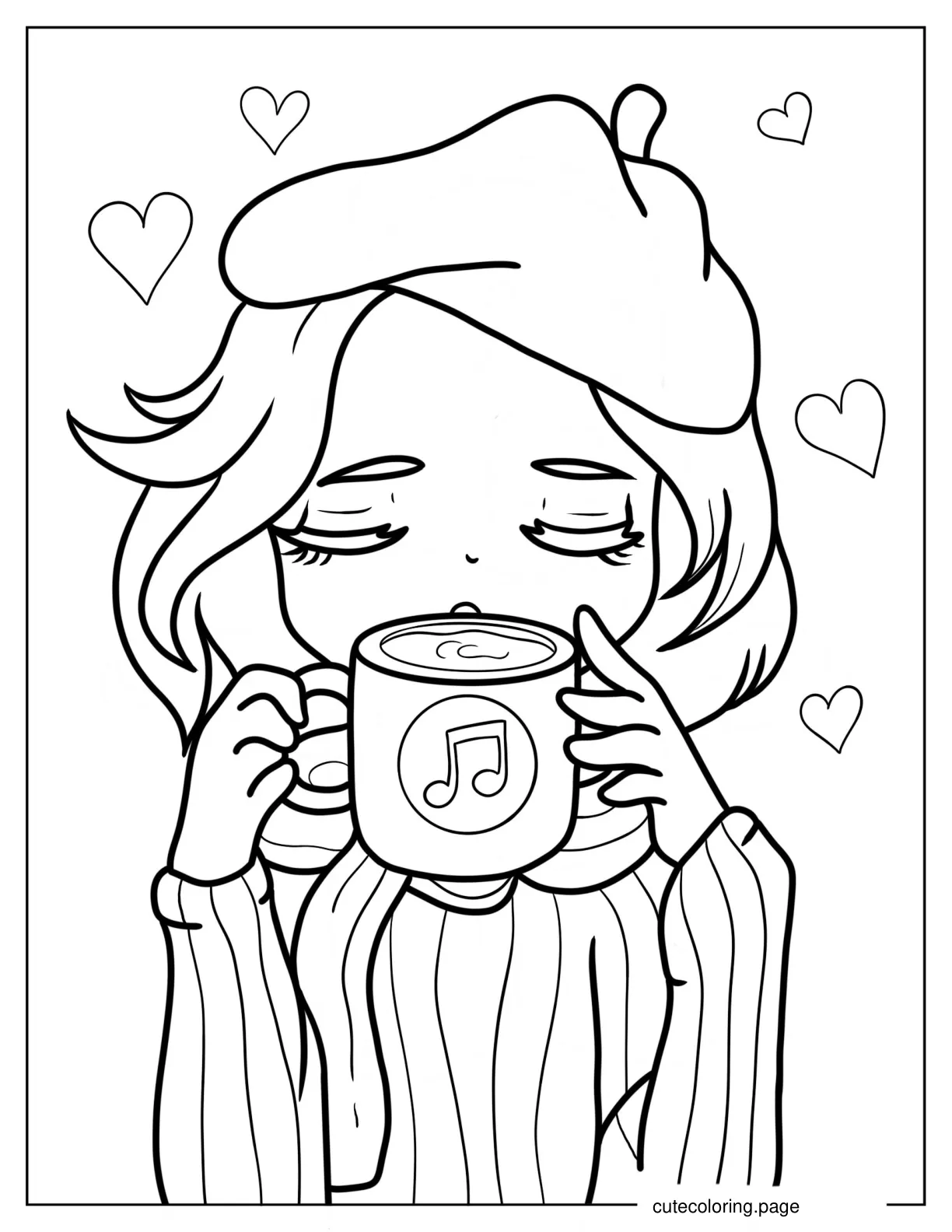 Woman Wearing Beret Drinking Coffee Coloring Page For Kids coloring page