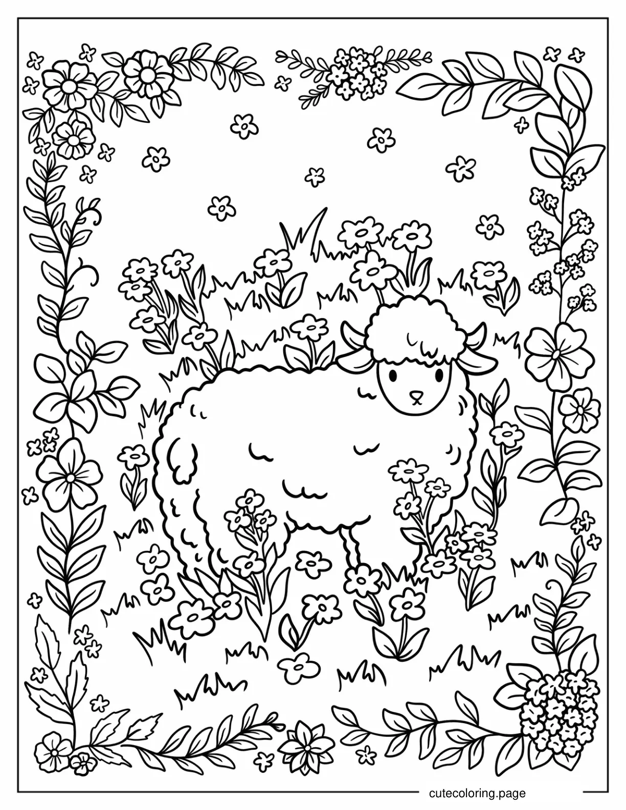 Baby Sheep Surrounded By Wildflowers Coloring Page coloring page