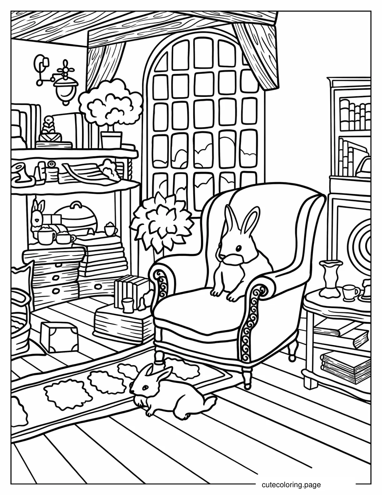 Bunny Sitting In Cottagecore Vibe Living Room coloring page