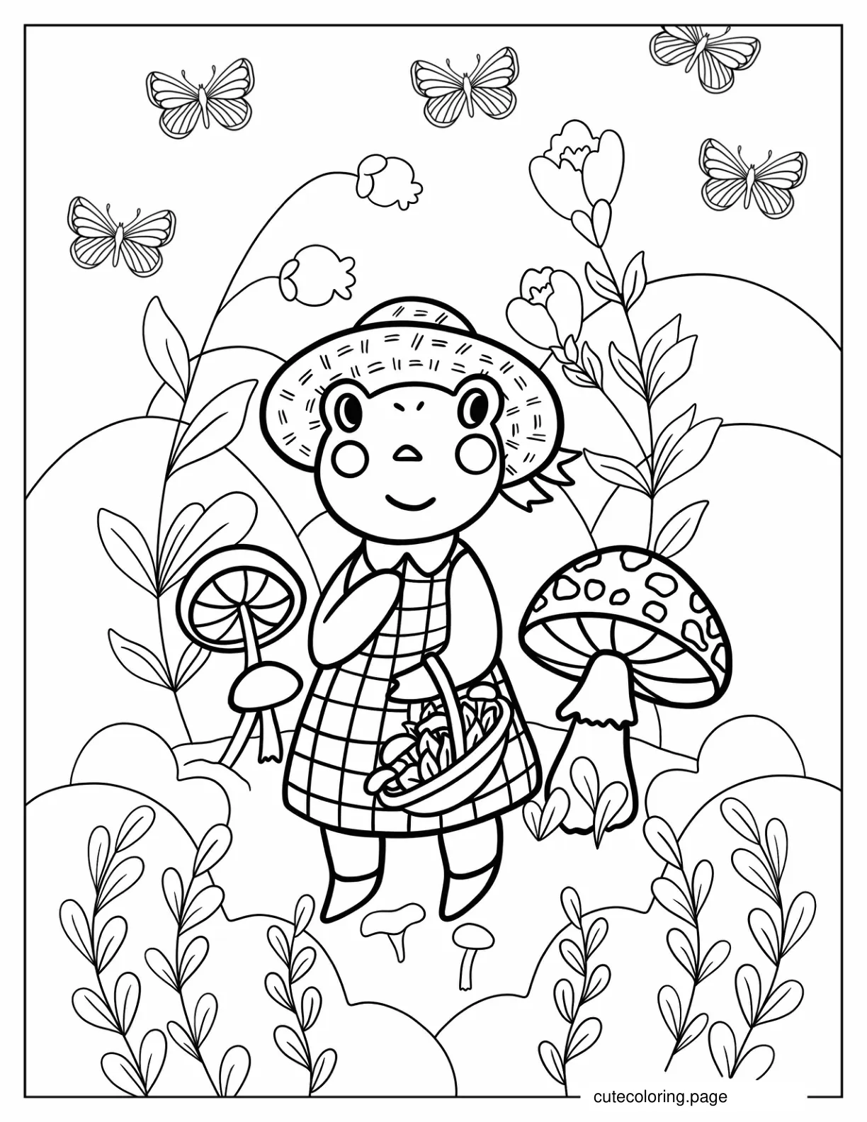 Cartoon Frog In Dress Harvesting Plants Cottagecore Coloring Sheet For Kids coloring page