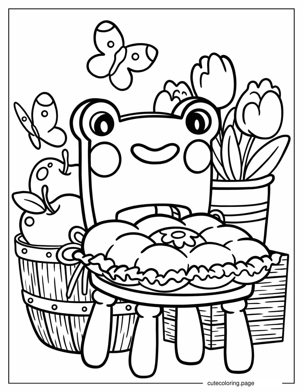 Cartoon Frog With Apples Flowers And Butterflies Coloring Page For Preschoolers coloring page