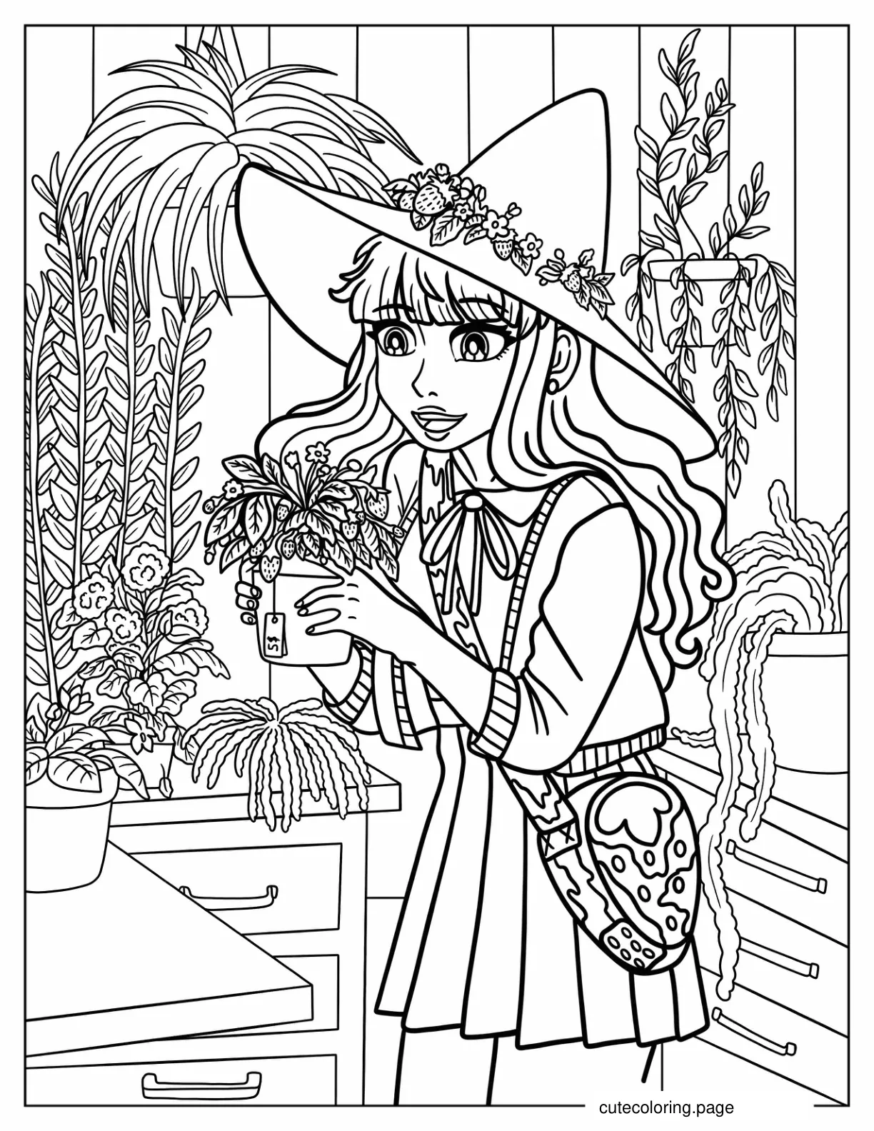 Cottagecore Aesthetic Girl Holding Flower Pot coloring page