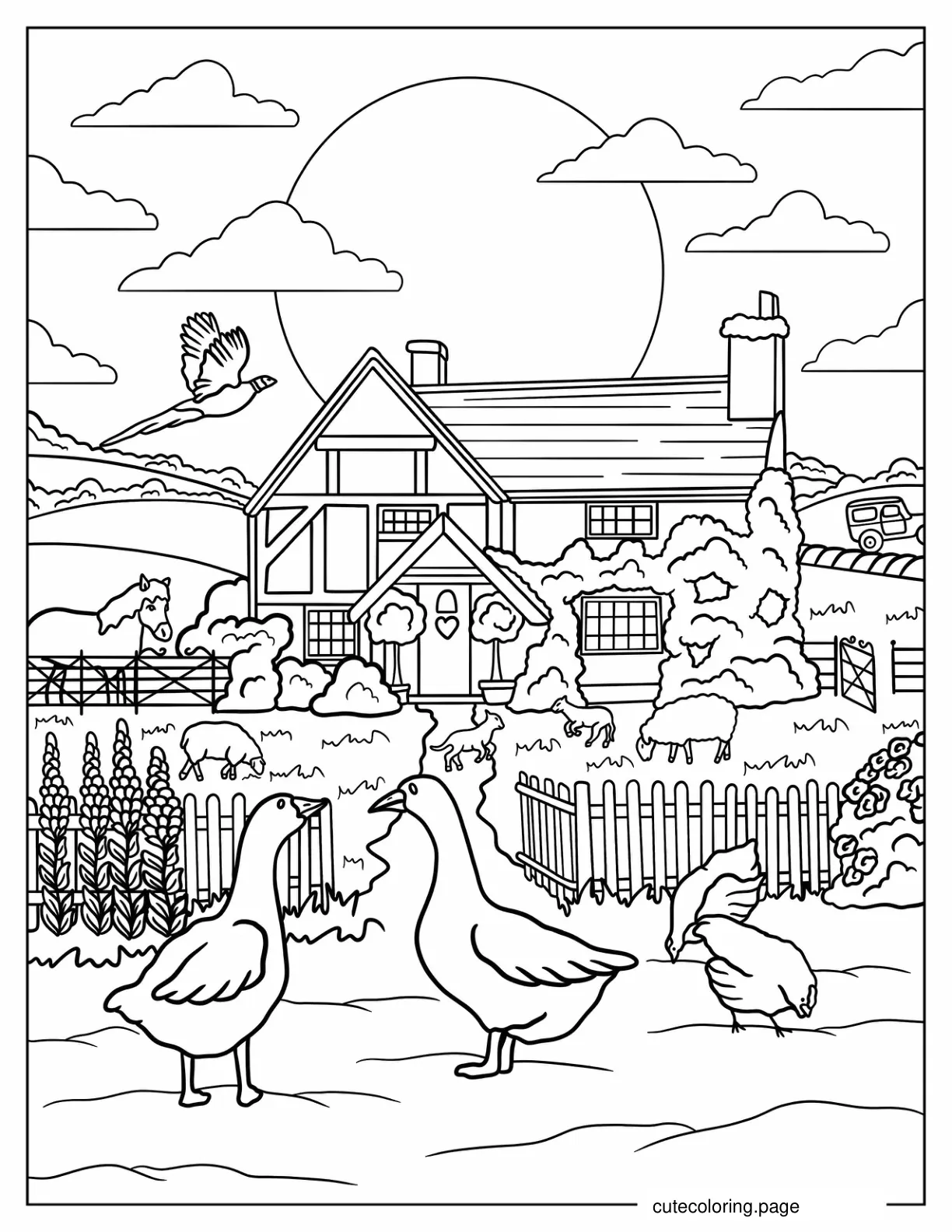 Cottagecore Farmhouse With Animals Roaming coloring page