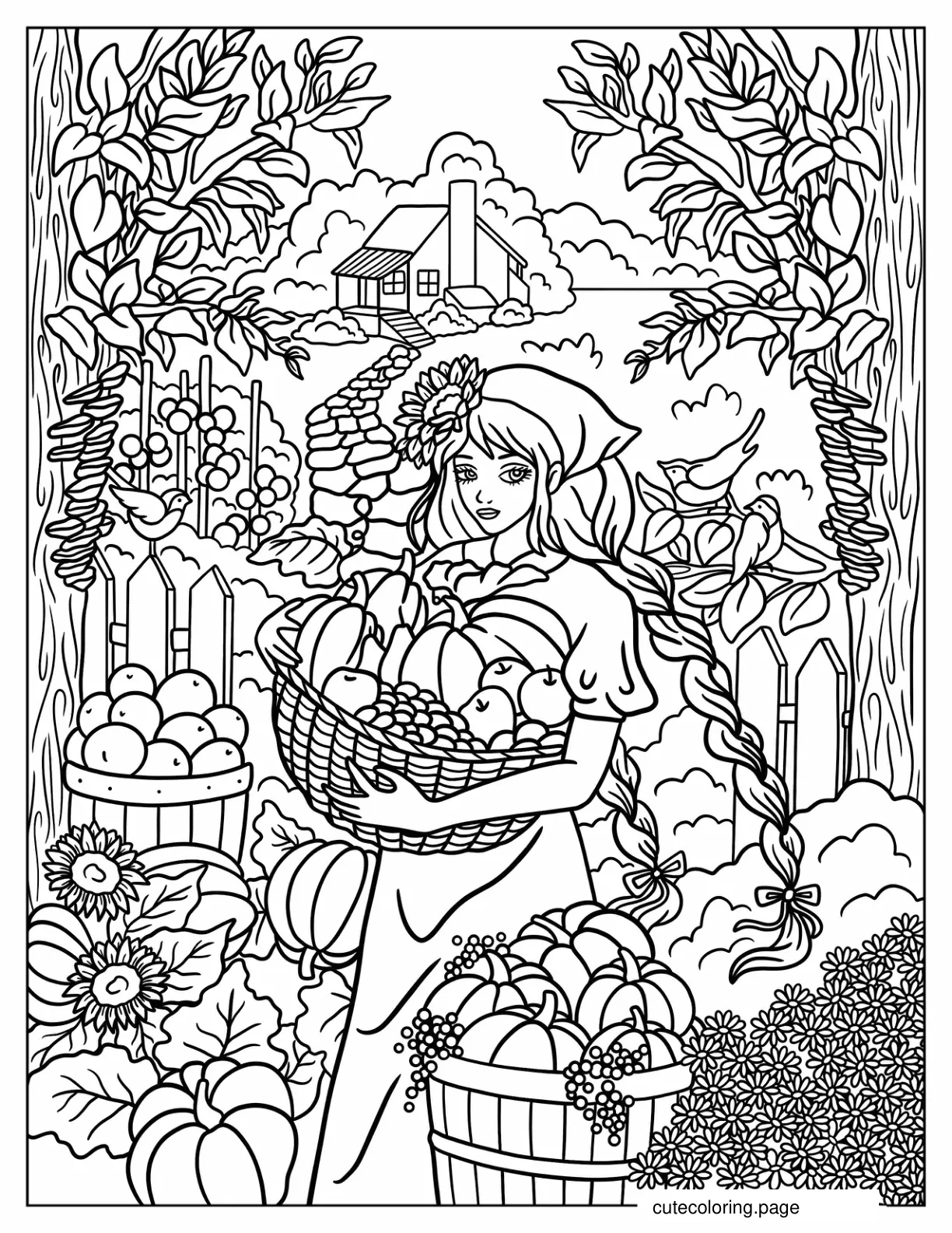 Cottagecore Woman Harvesting Vegetables Coloring Page coloring page