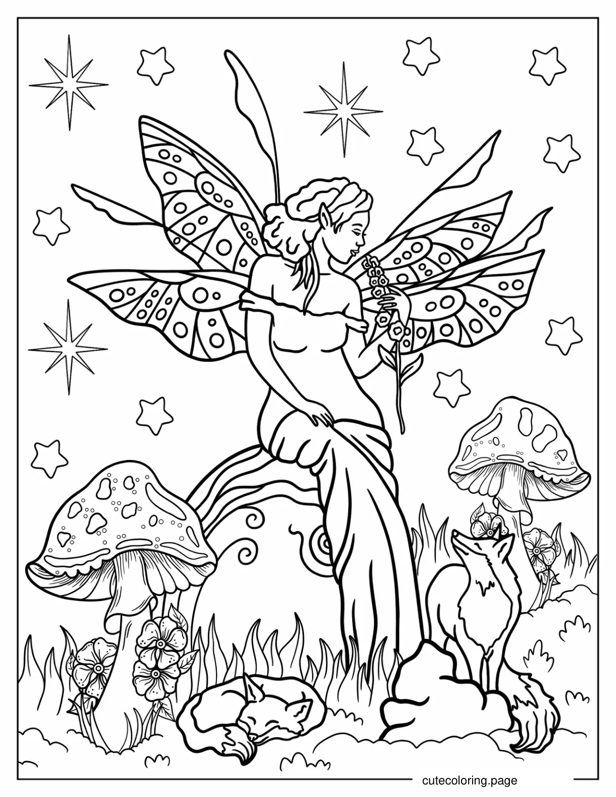 Forest Fairy Smelling Flowers Coloring Page coloring page