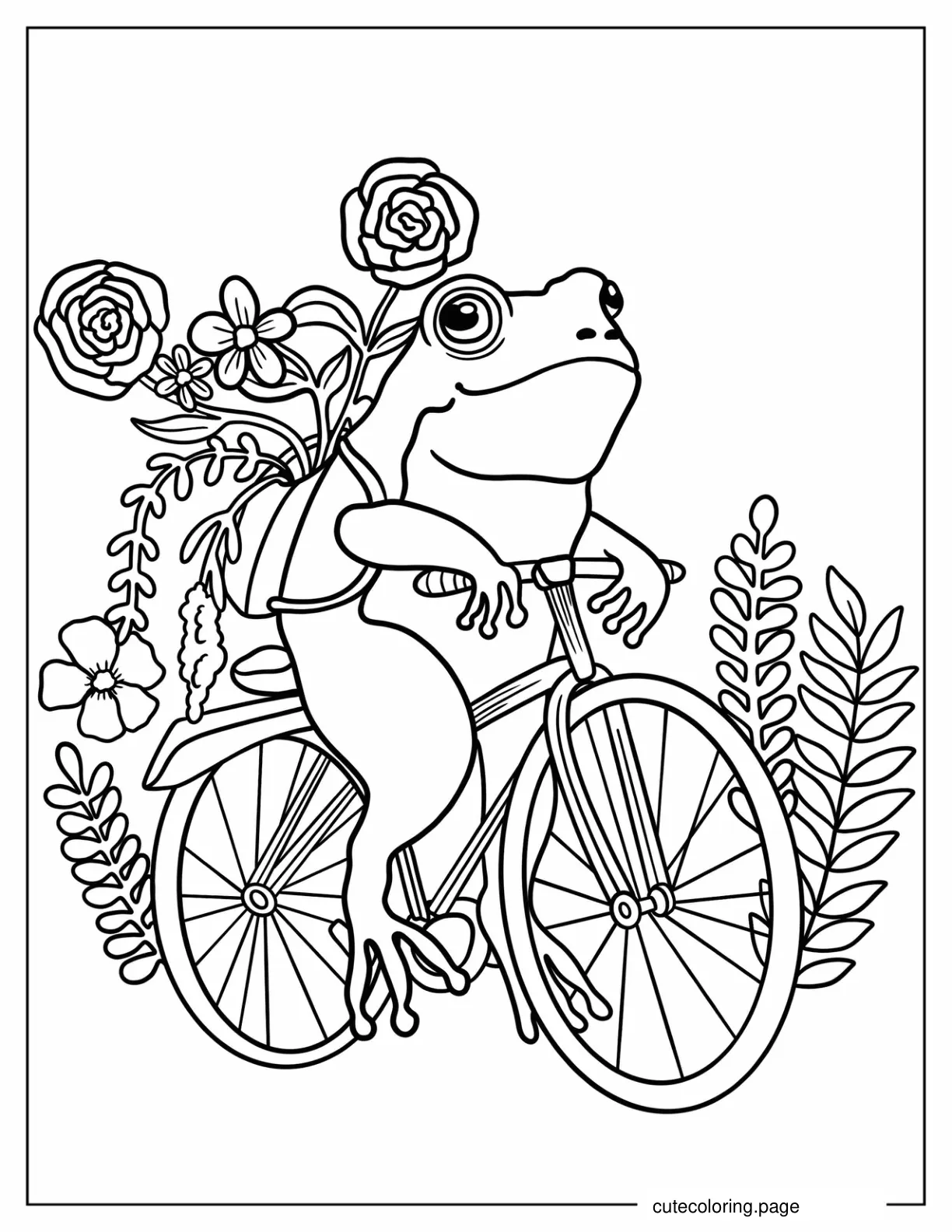 Frog Riding Bicycle With Flowers In Bag Coloring Page coloring page