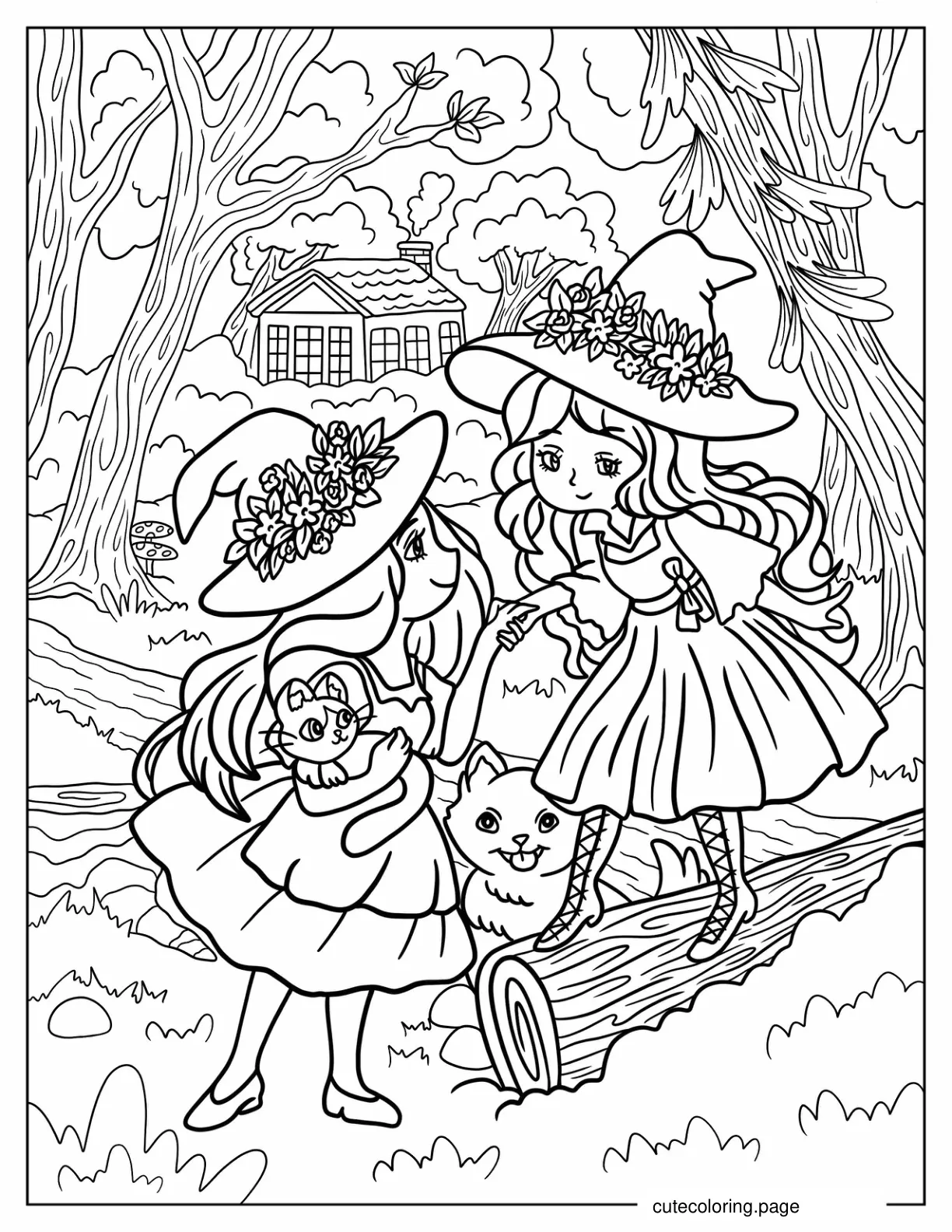 Girls In Cottagecore Outfits With Foxes Coloring Page coloring page