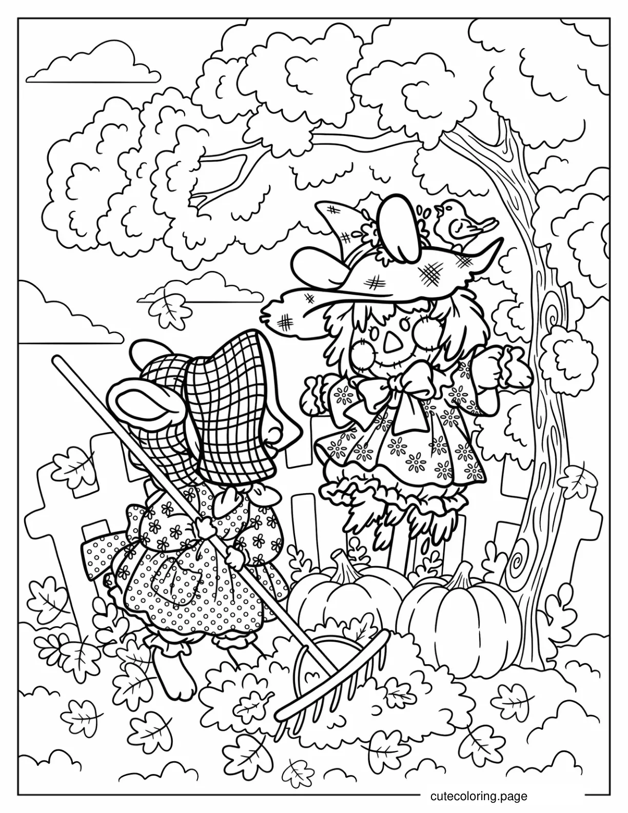 Grandpa Rabbit Gardening Beside Cute Scarecrow Coloring Page coloring page