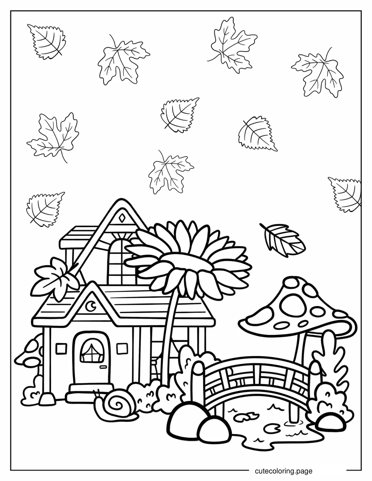 Kawaii Cottagecore Theme House And Bridge coloring page