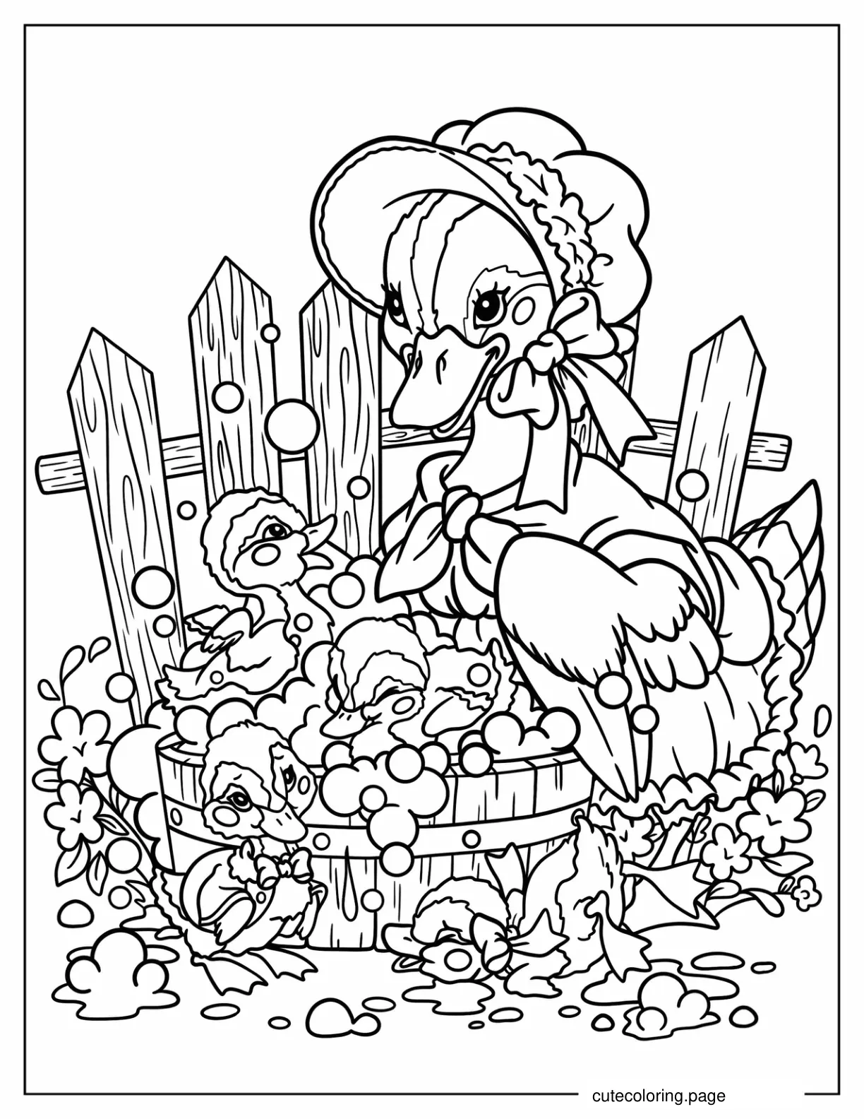 Mama Duck Bathing With Ducklings Coloring Page coloring page