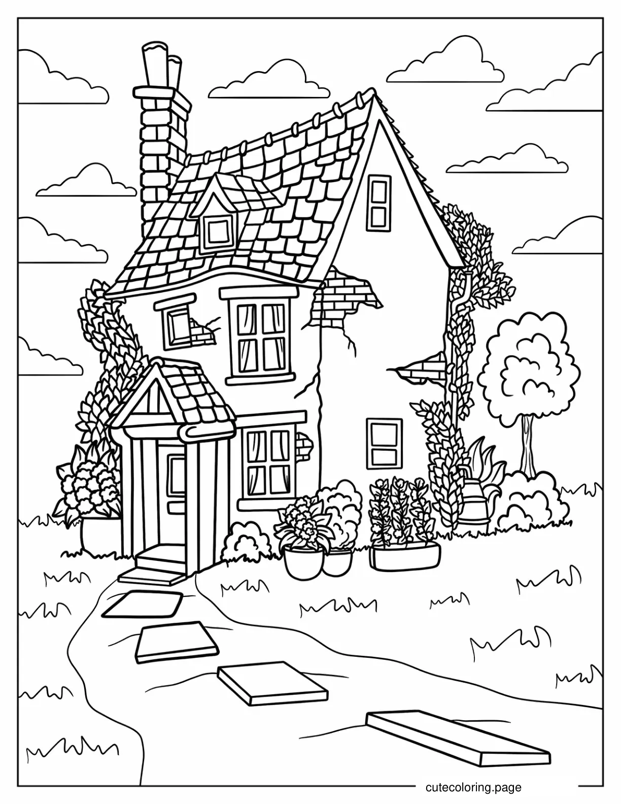 Old Two Storey House Covered In Vines Coloring Sheet coloring page