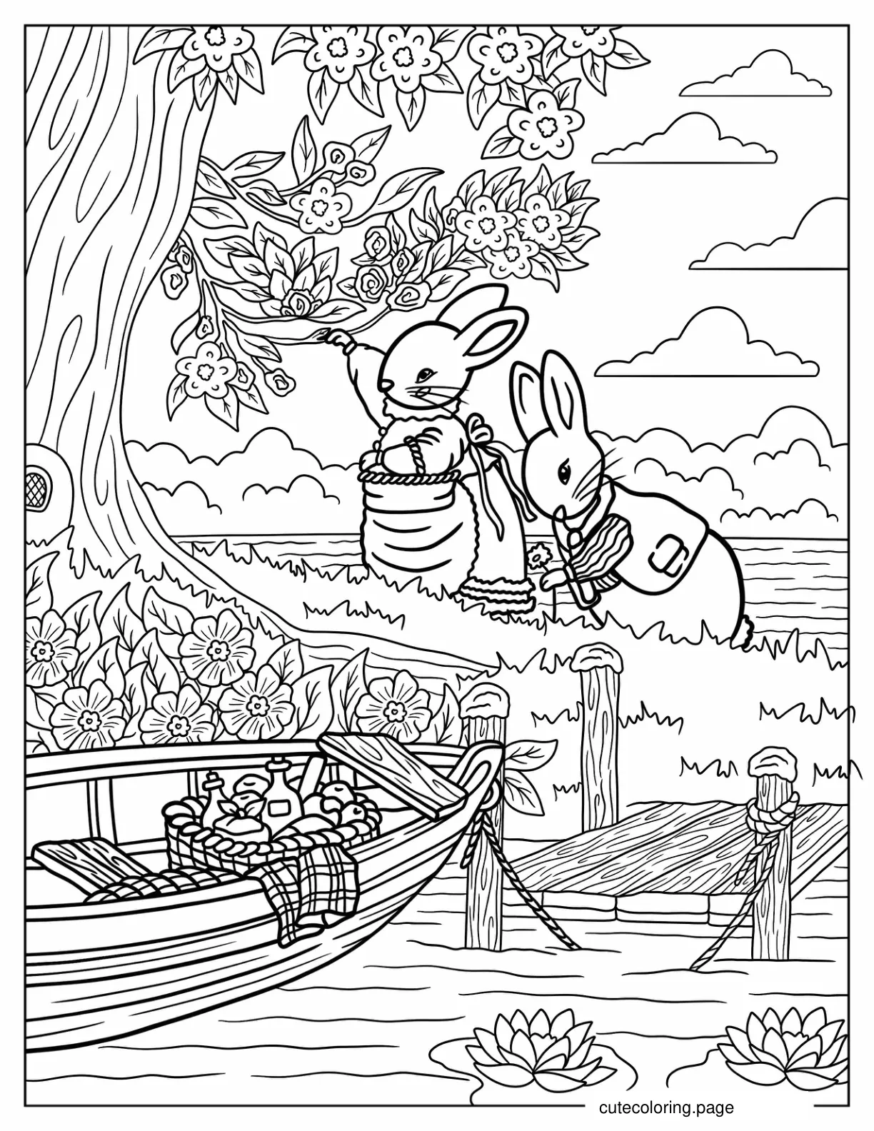 Rabbits In Dresses Picking Flowers Cottagecore coloring page