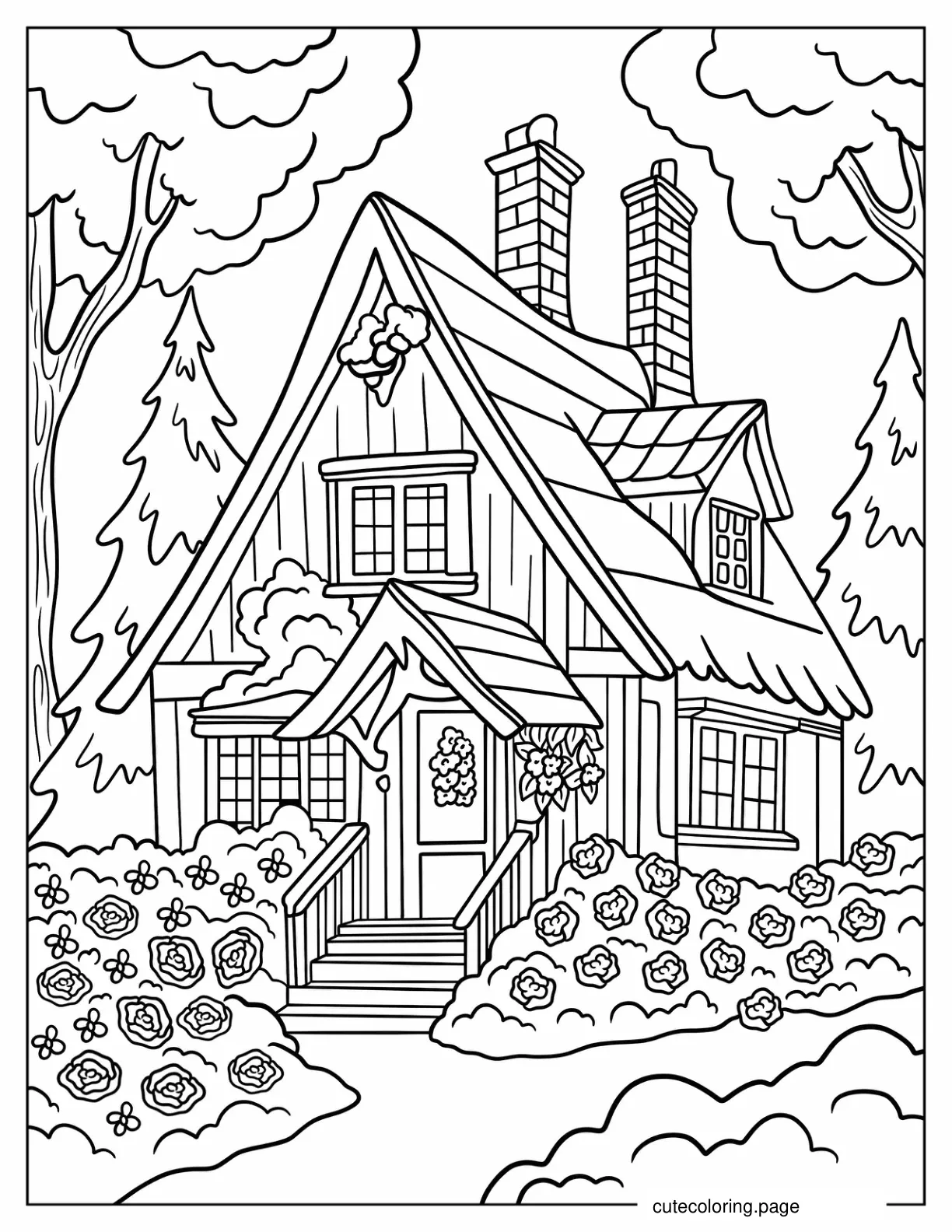 Realistic Cottage With Rose Bushes Coloring Page coloring page