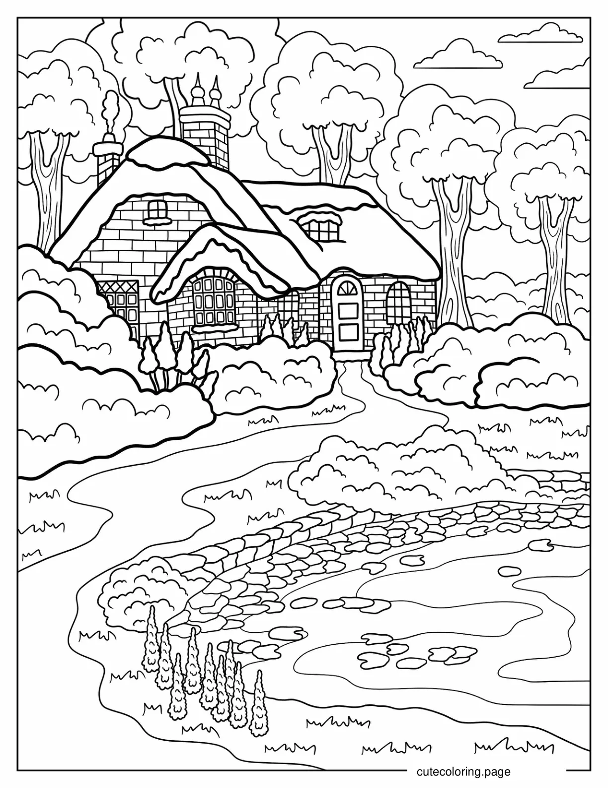 Realistic Cozy Cottage In The Forest coloring page