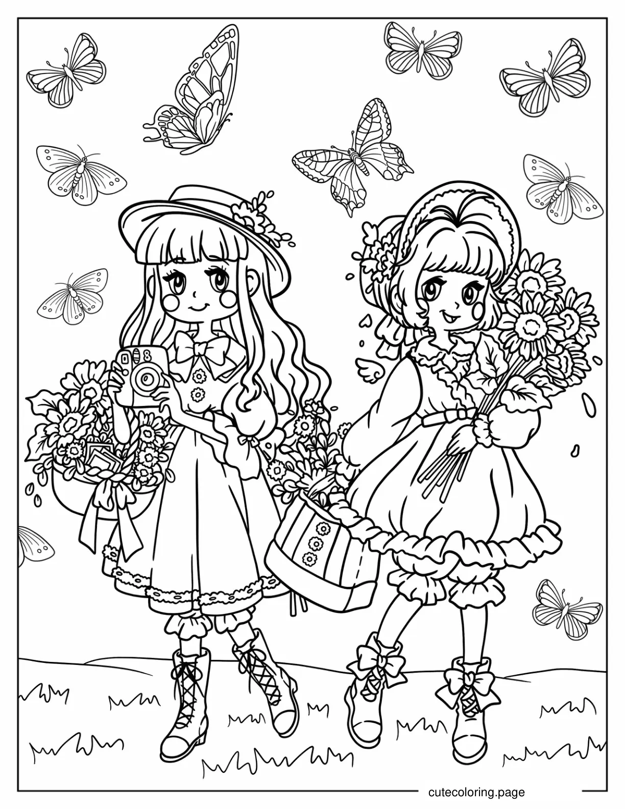 Two Kawaii Girls In Cottagecore Outfits Coloring Sheet For Kids coloring page