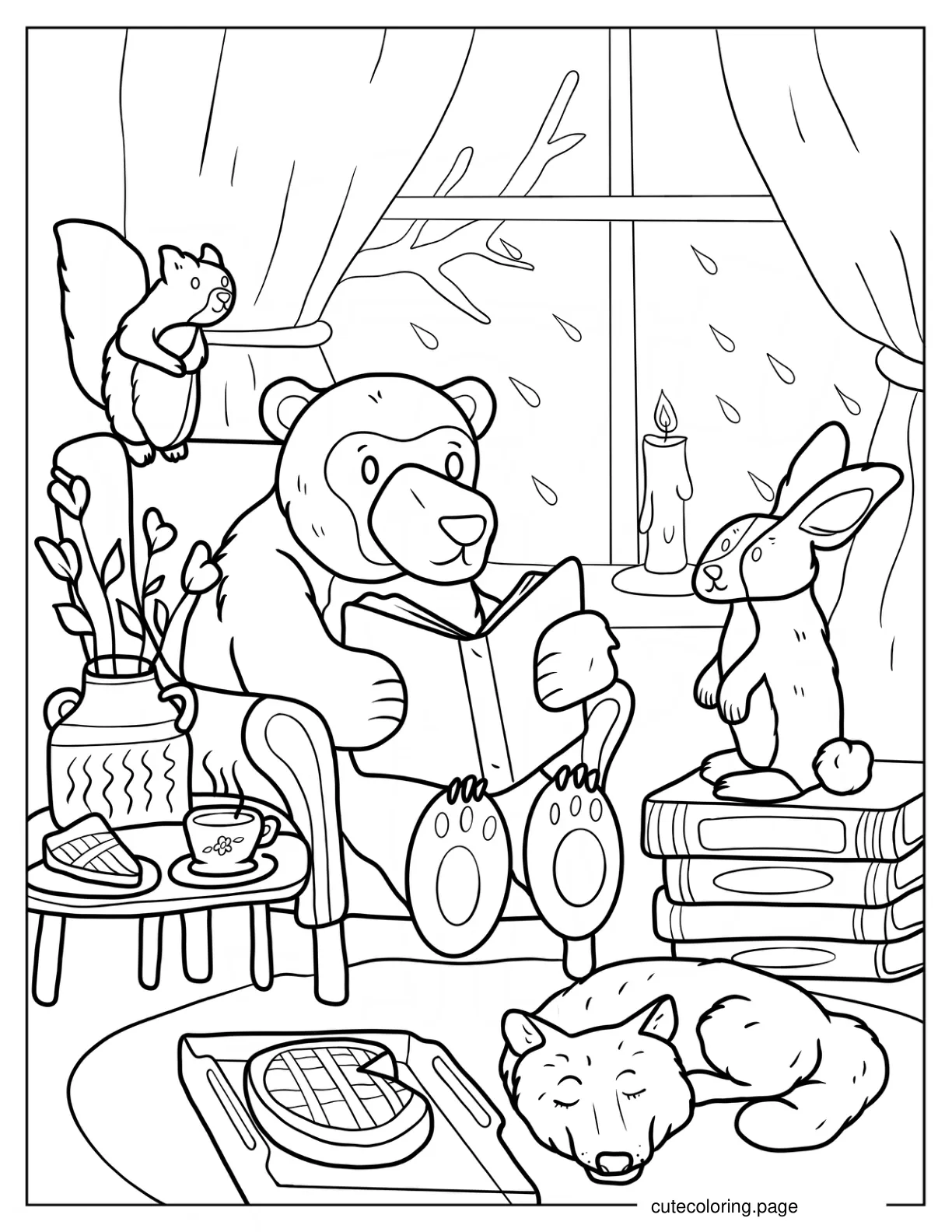 Bear Rabbit Fox And Squirrel Reading In Cozy Living Room coloring page