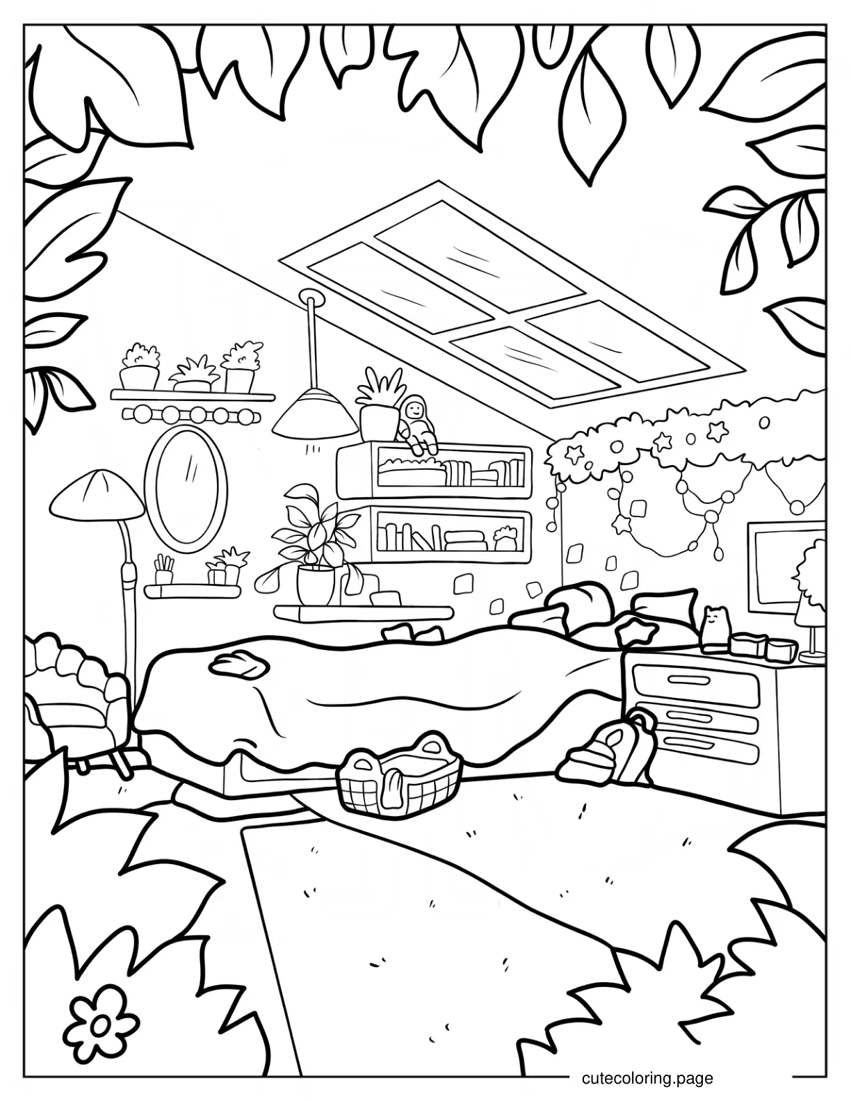 Cozy Bedroom With Skylight And Plants Coloring Page For Kids coloring page