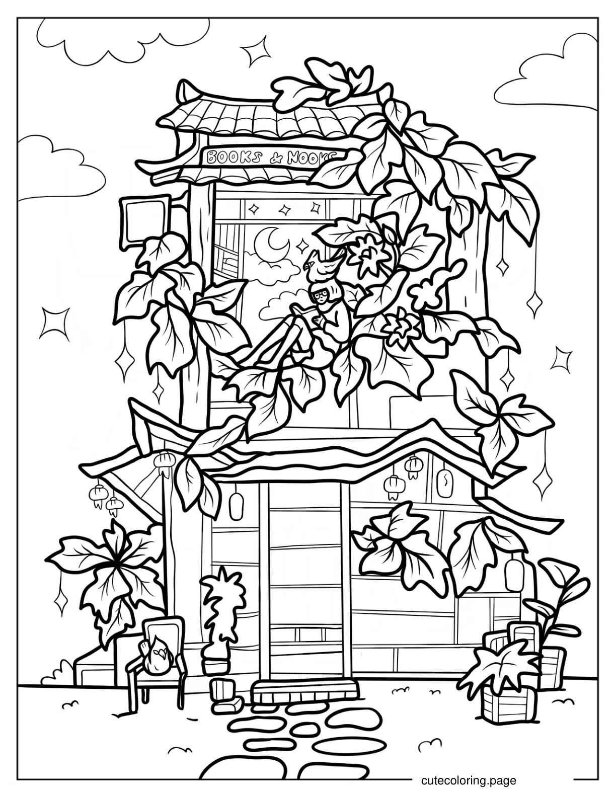 Cozy Bookshop With Overgrown Plants Coloring Sheet coloring page