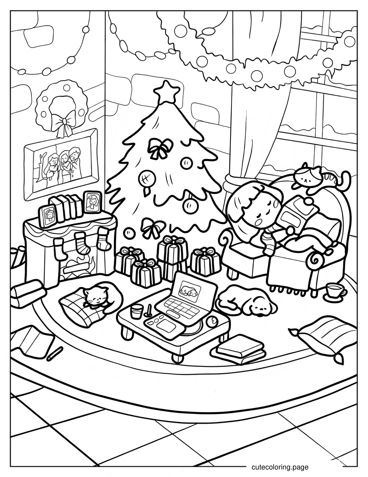 Cozy Christmas Living Room With Girl Reading A Book Coloring Sheet coloring page