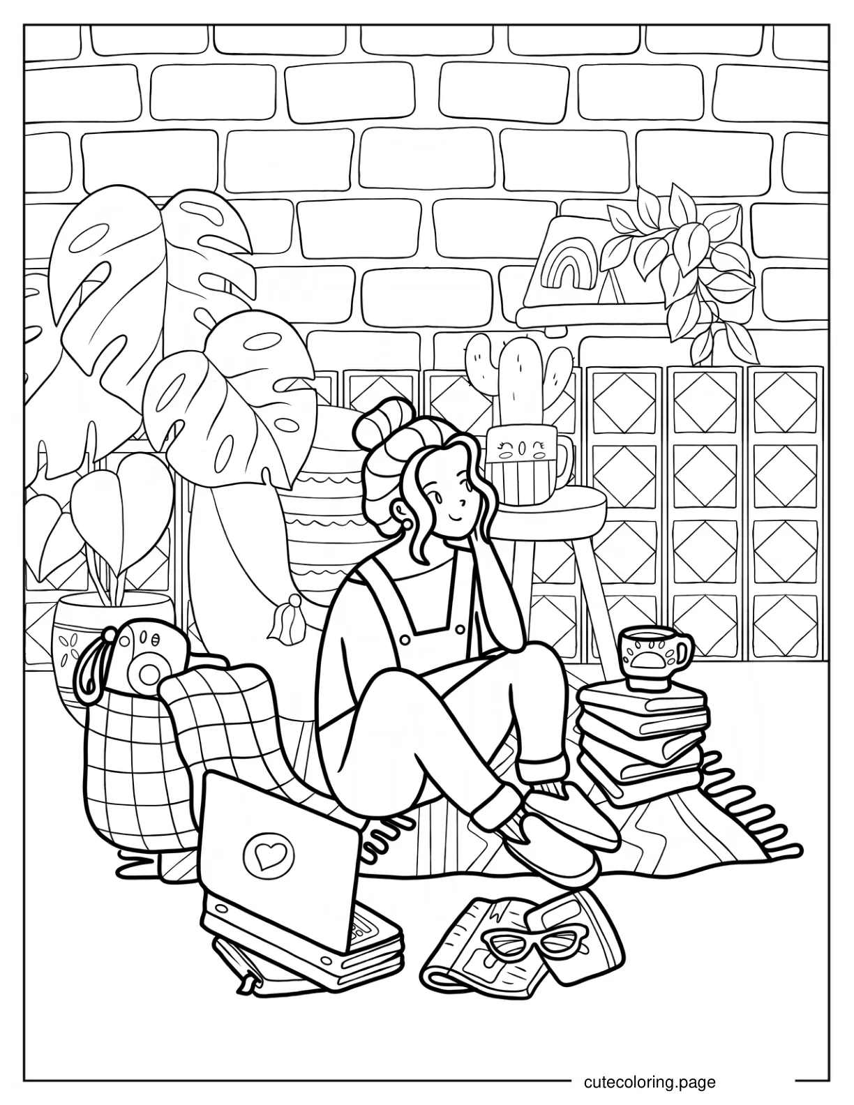 Cozy Girl In Living Room With Laptop And Books coloring page