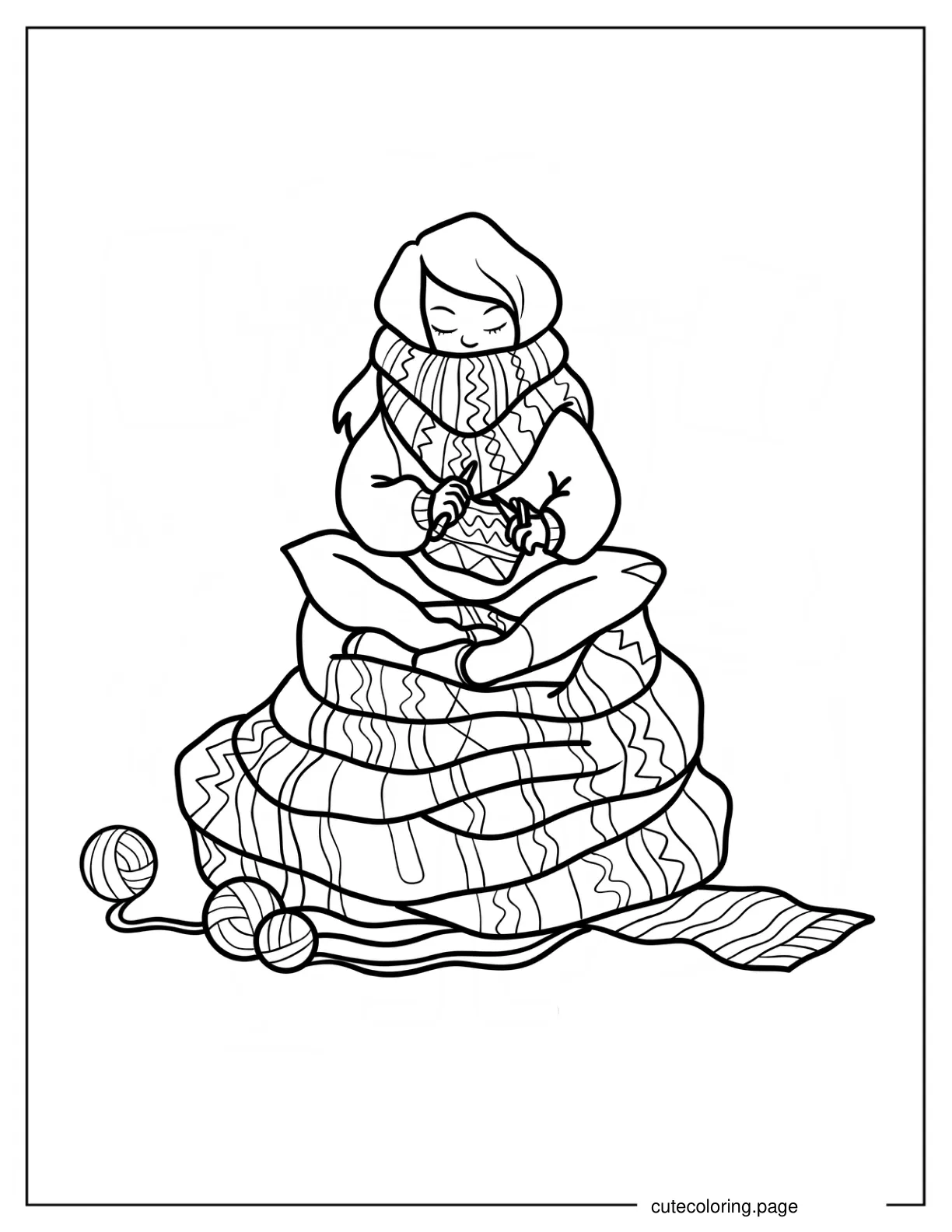 Cozy Girl Knitting Scarf Coloring Page For Kids coloring page