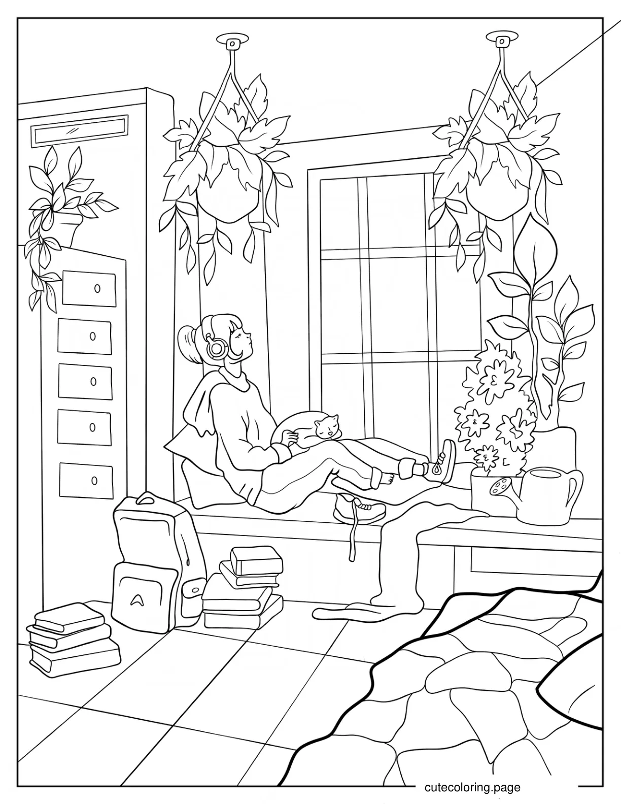 Cozy Girl With Headphones And Cat Sleeping Next To The Window coloring page