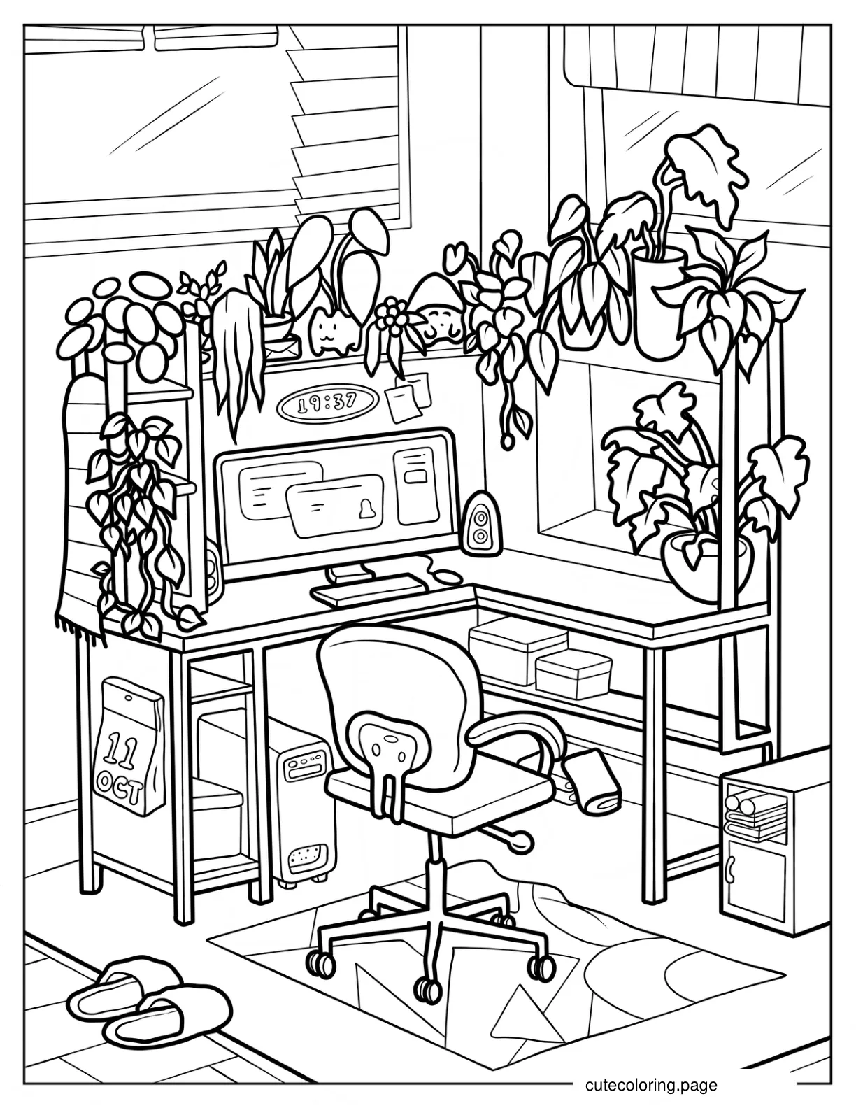 Cozy Office Desk Set Up With Plants coloring page