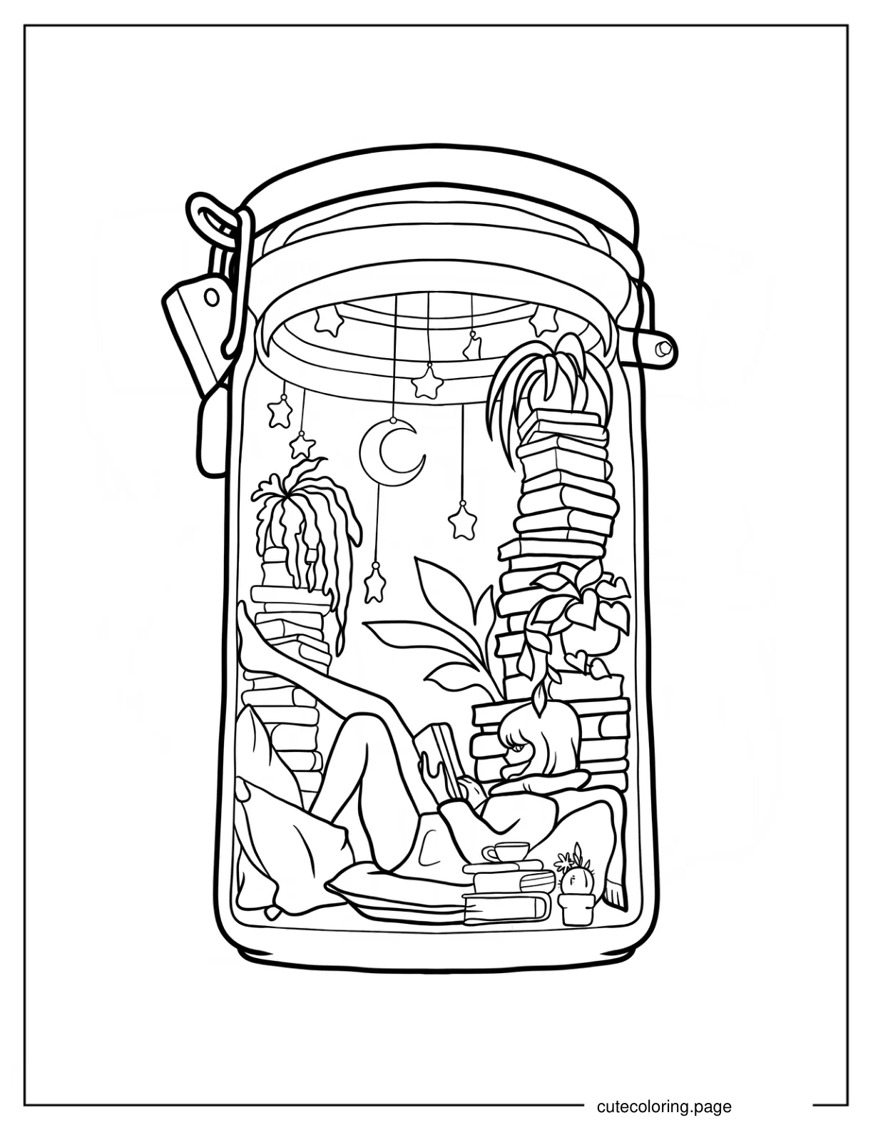 Cozy Reading Nook Inside Jar Coloring Sheet coloring page