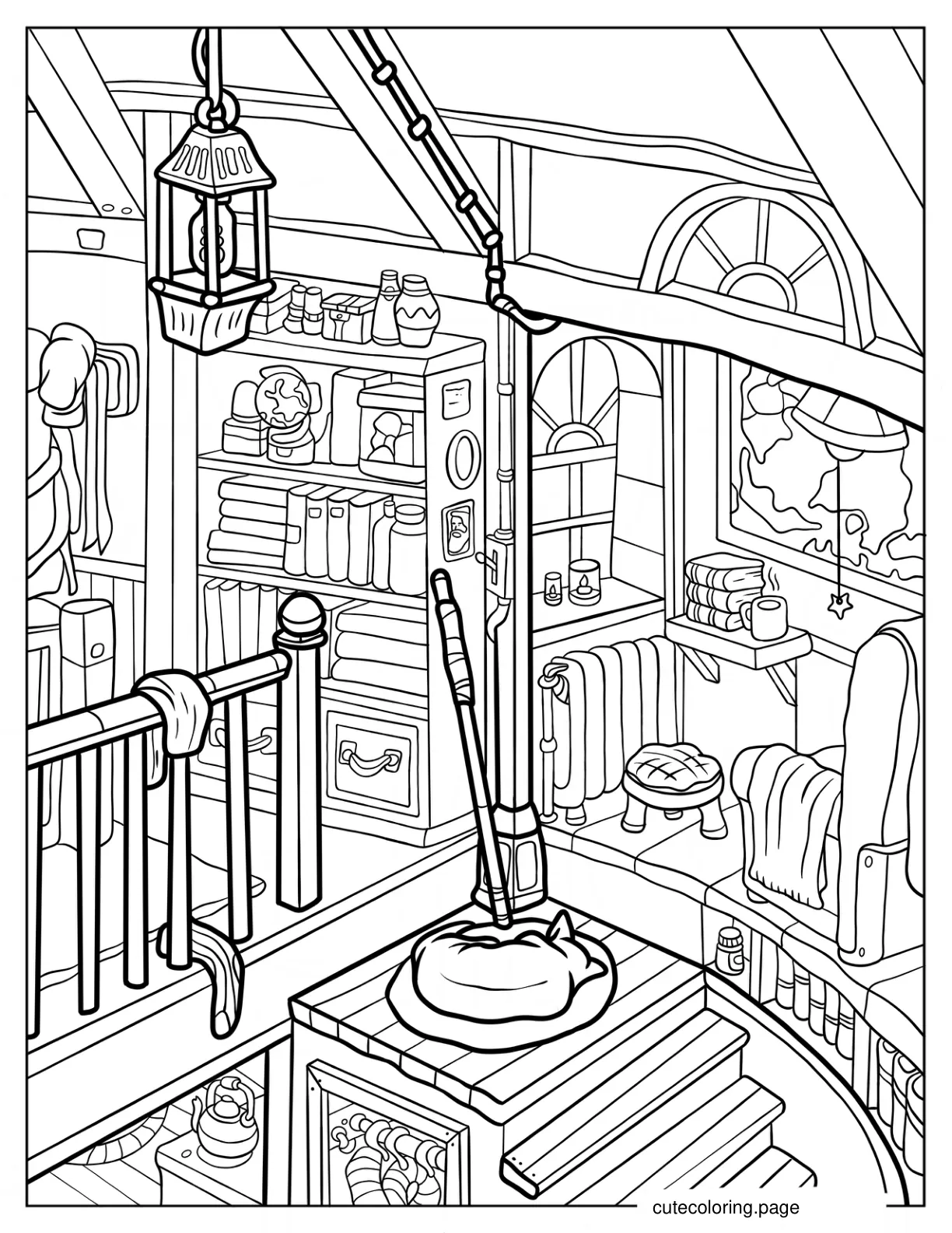 Cozy Vintage Library With Dog Sleeping On Stairs Coloring Sheet coloring page